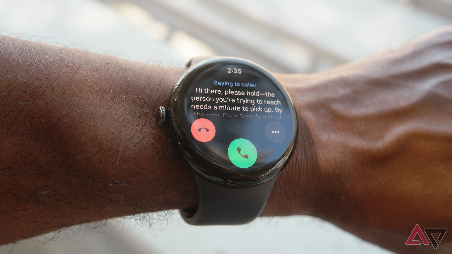 Google Pixel Watch 3 showing the Ask to Hold screen script