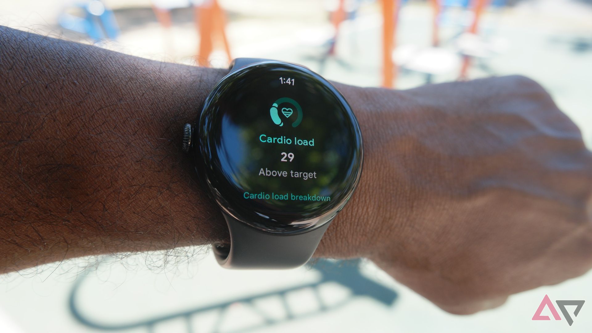 Google Pixel Watch 3 worn on a wrist showing the Cardio Load screen