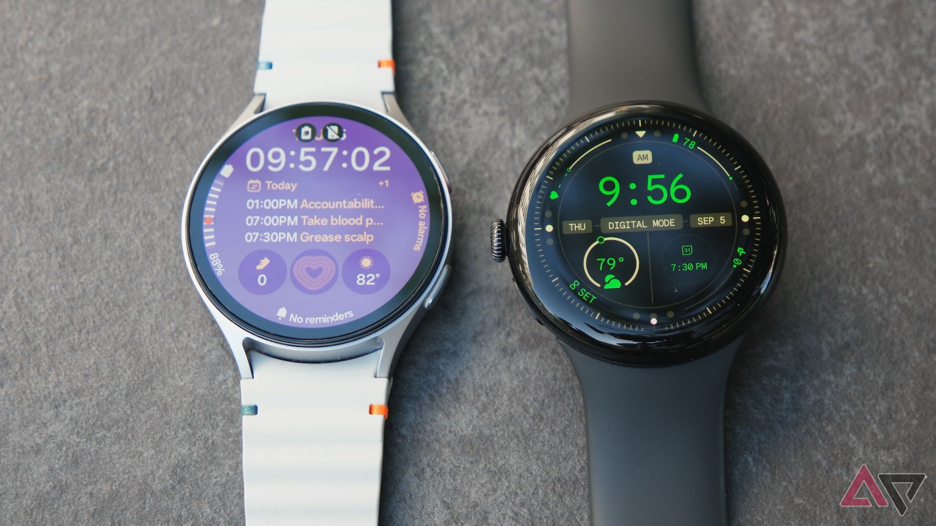 44mm Samsung Galaxy Watch 7 and 45mm Google Pixel Watch 3 side-by-side