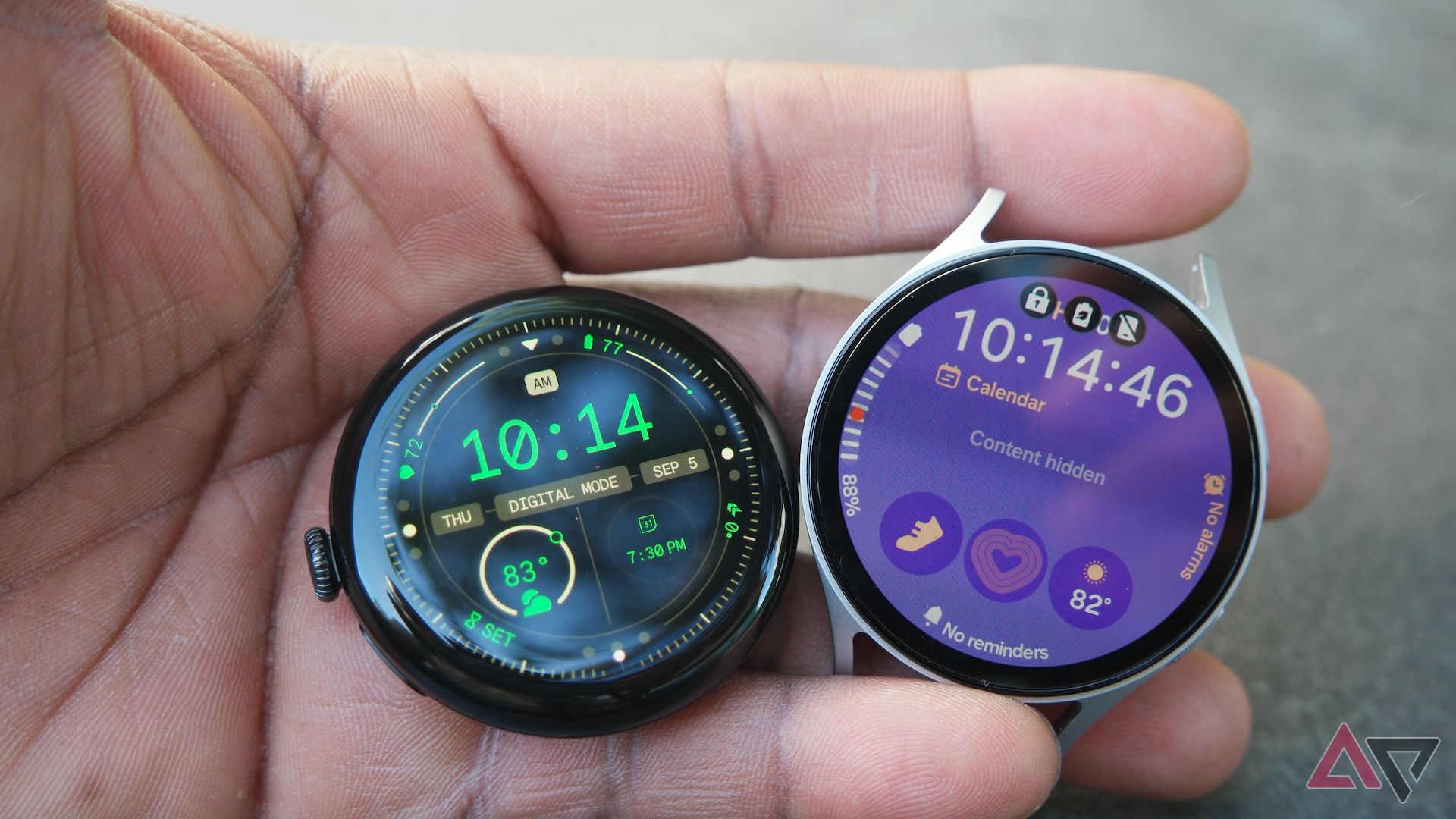 google pixel watch 3 and galaxy watch 7 side by side displays