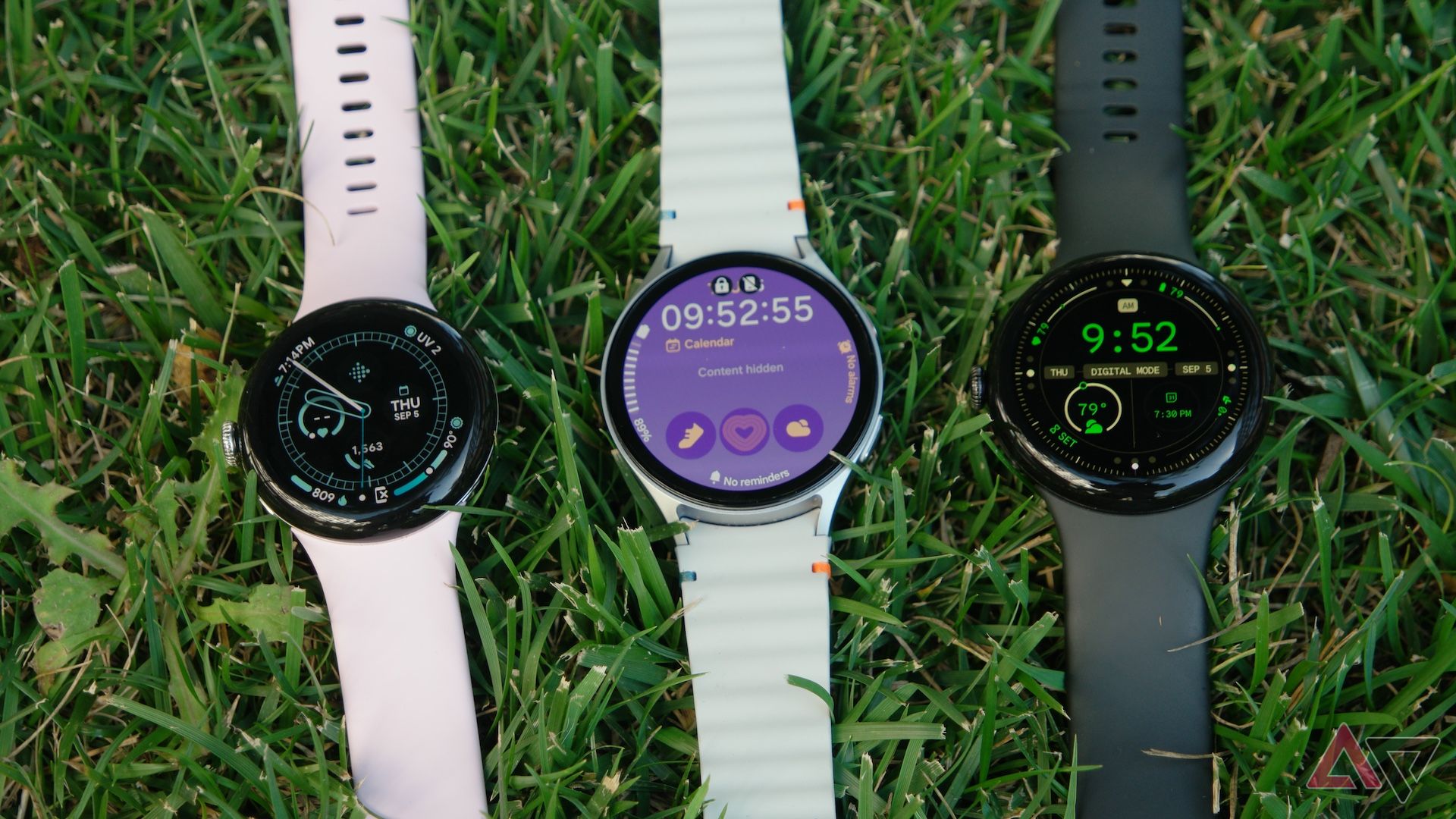 44mm Samsung Galaxy Watch 7, 41mm, and 45mm Google Pixel Watch 3 side-by-side