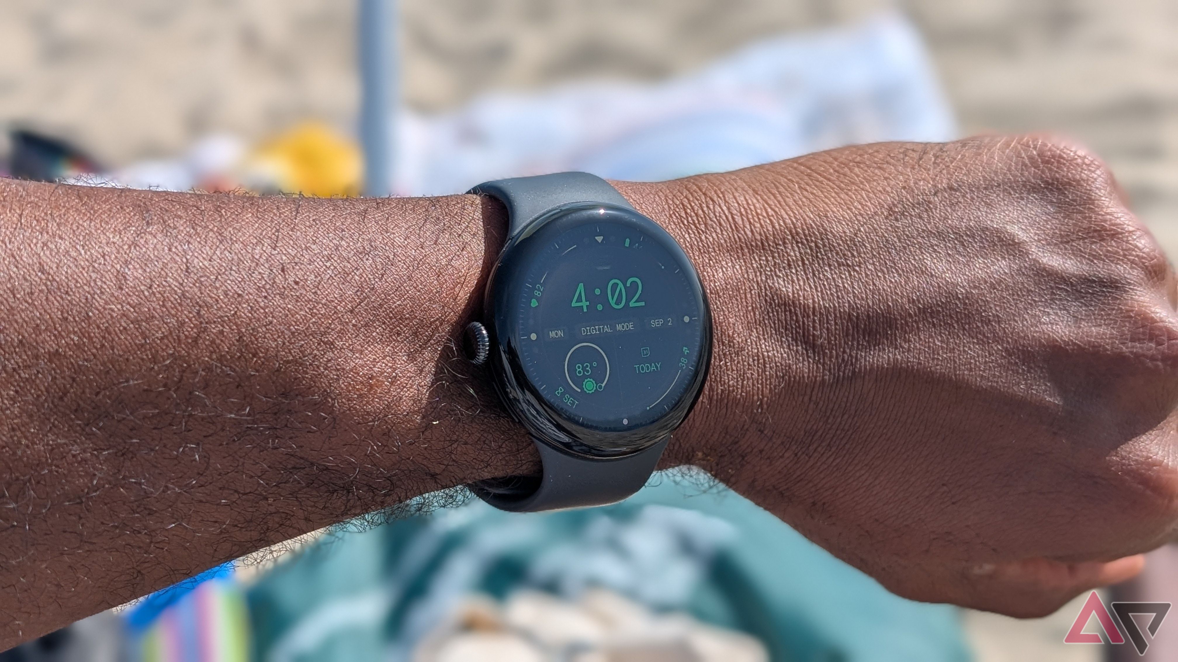 Google Pixel Watch 3 showing the new Actua display brightness at the beach on a sunny day