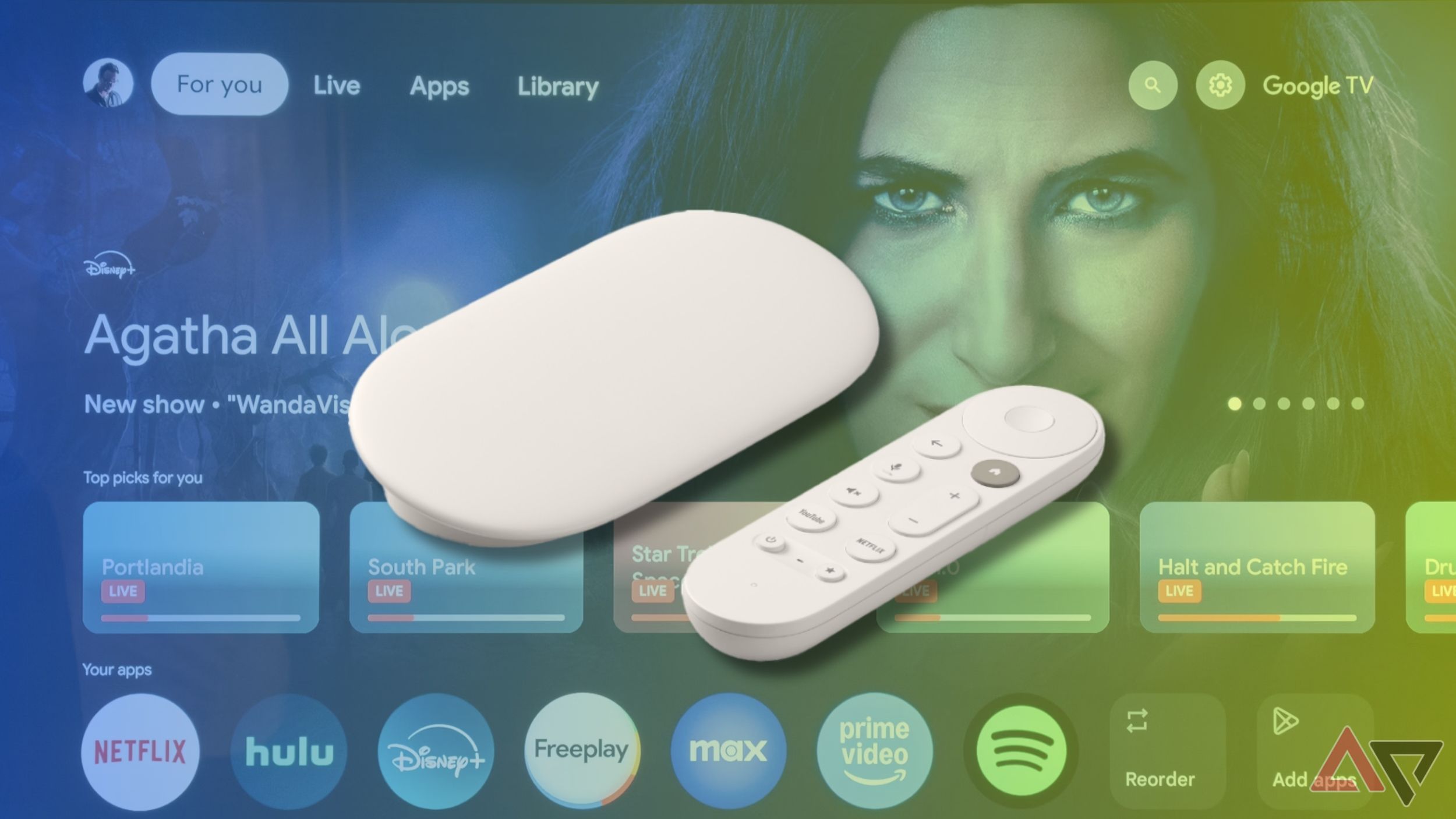 A Google TV Streamer in front of the Google TV home screen