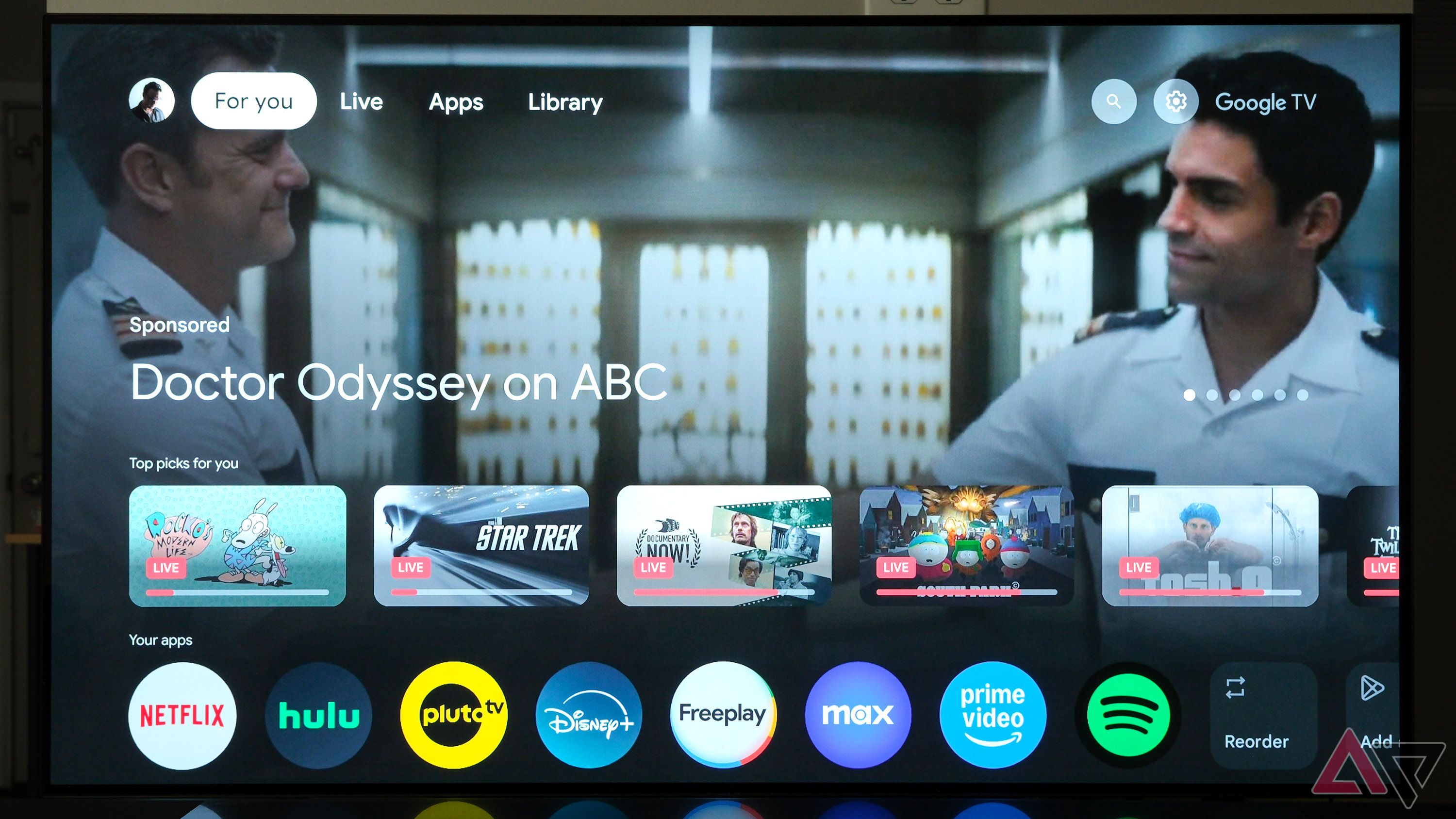 Google TV Streamer's home screen showing an ad for a show called Doctor Odyssey. 