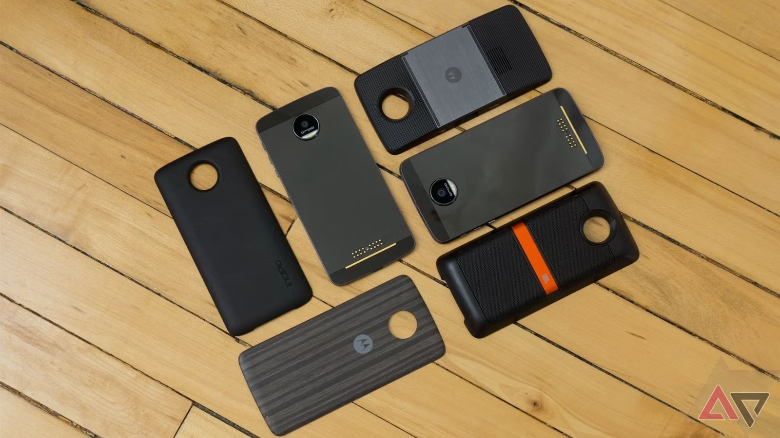 Several Moto Mods viewed from the back