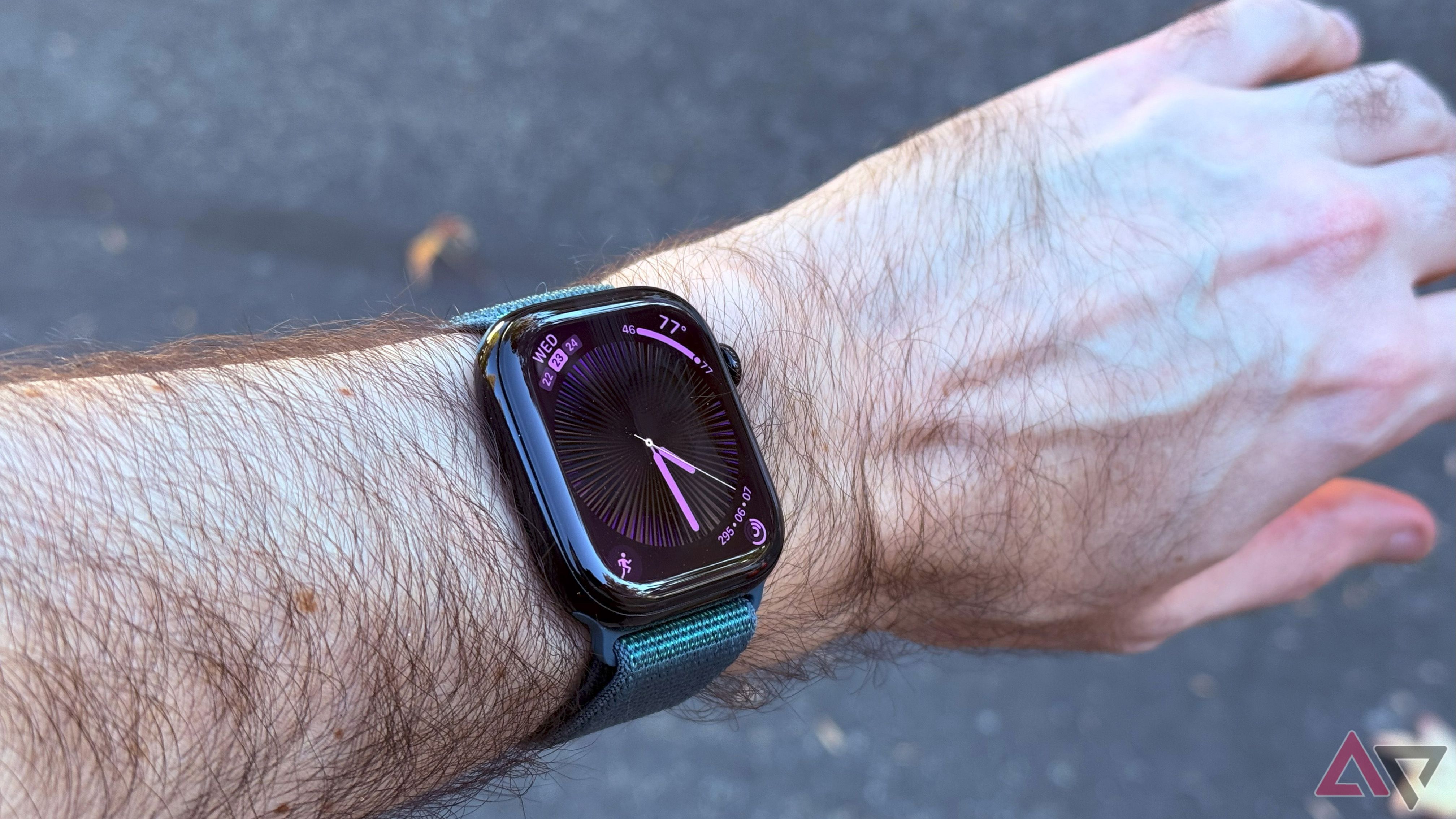 The Apple Watch Series 10, attached to a wrist in the outdoors