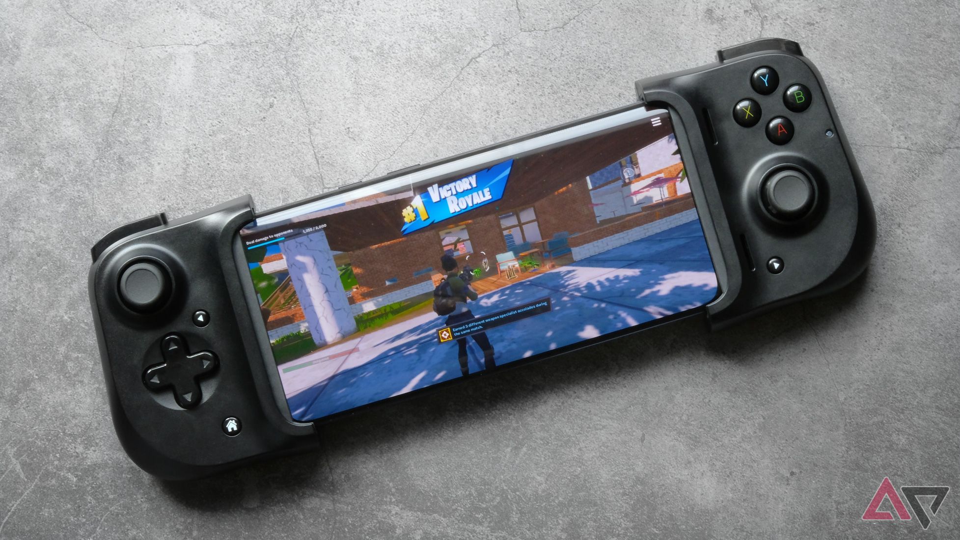 Fortnite running on a OnePlus phone with a Razer Kishi controller attached.