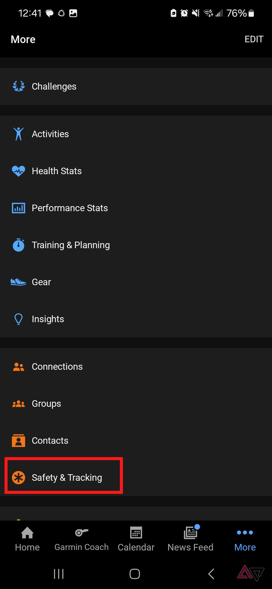 A screenshot of the Garmin Connect app with Safety & Tracking highlighted. 
