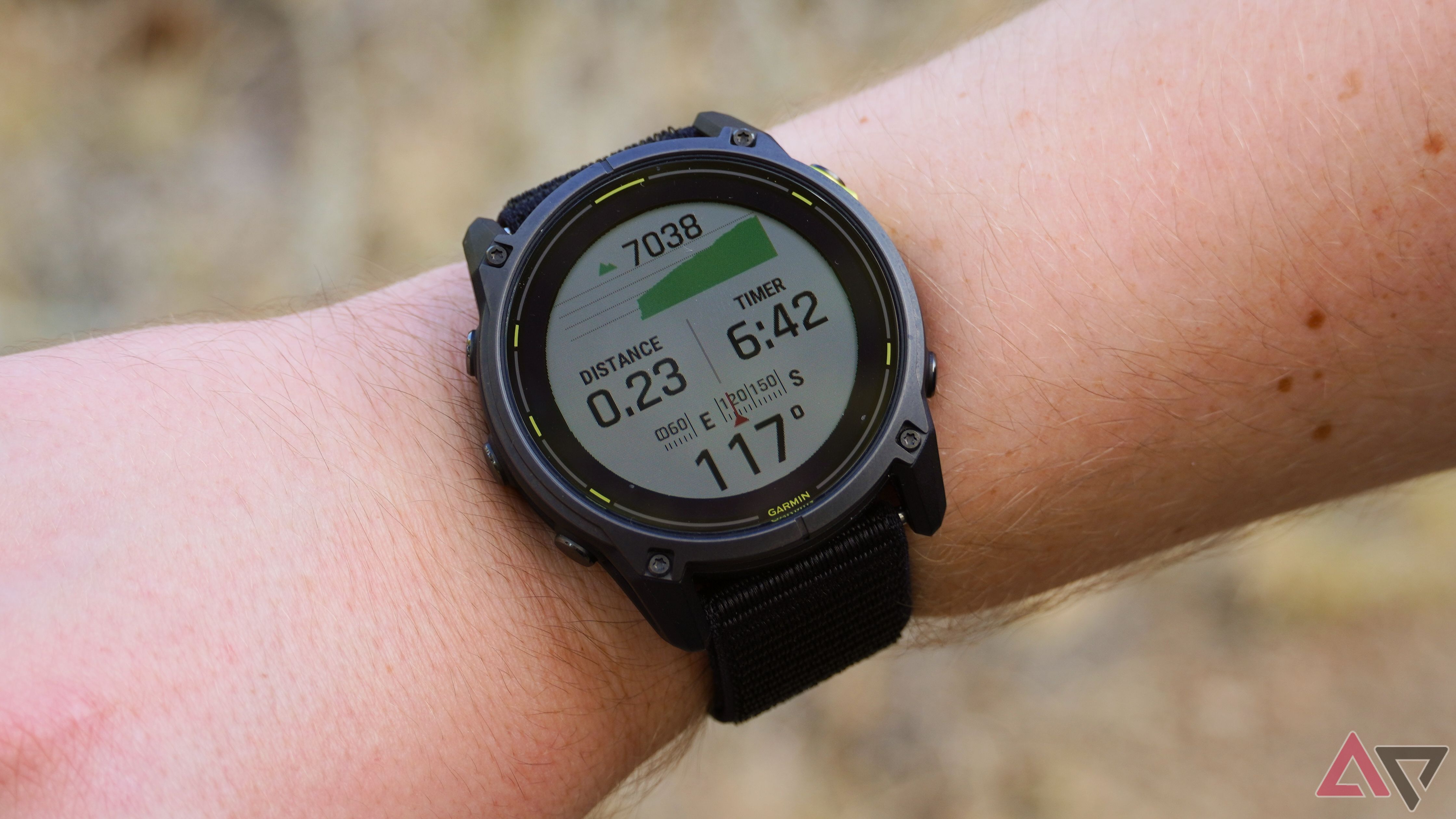 The Garmin Enduro 3 on the wrist in the middle of a hiking workout.