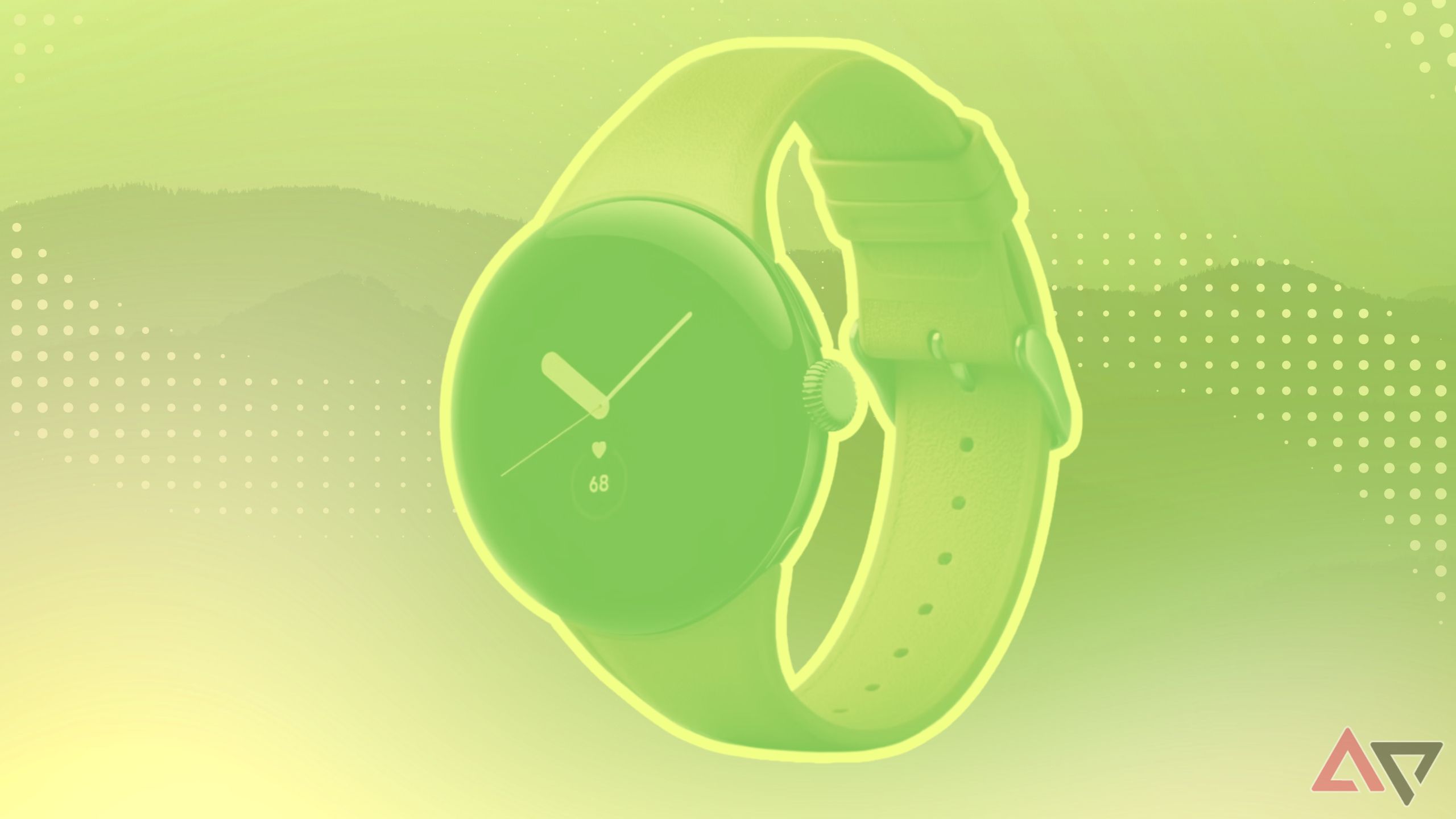 A Pixel Watch on a green background.