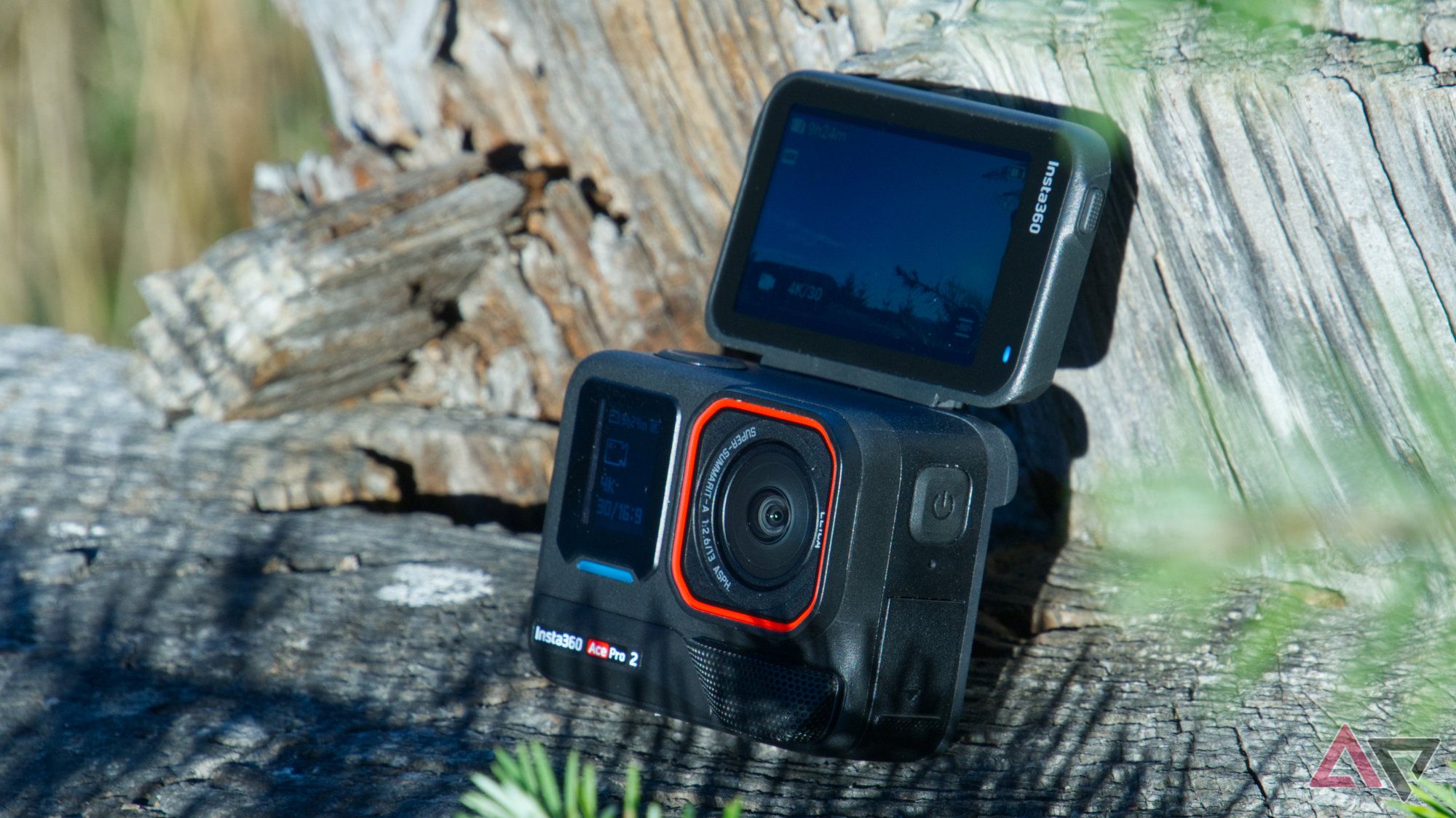 Insta360 Ace Pro 2 resting on a stump with the rear screen flipped up