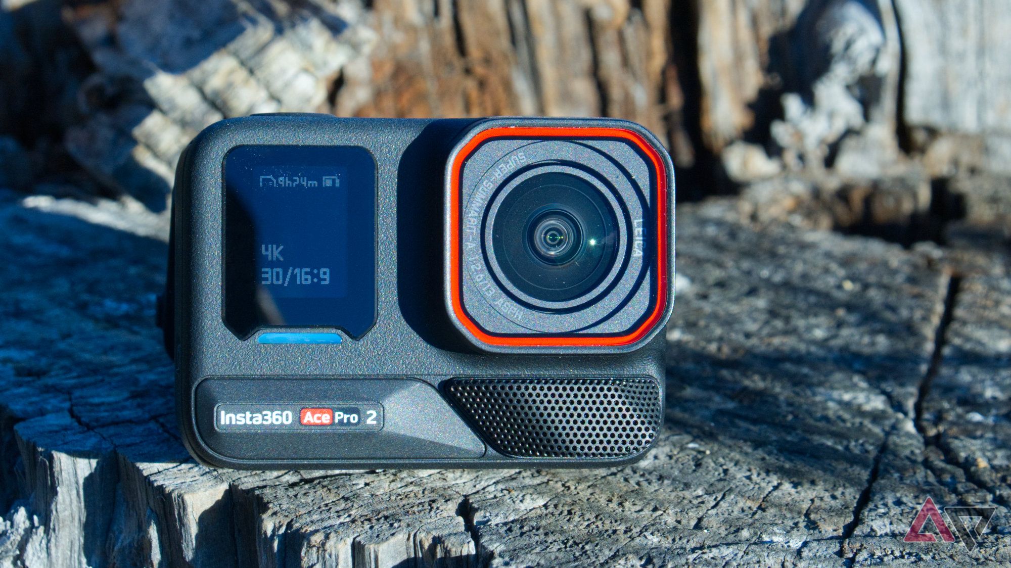 Insta360 Ace Pro 2 front view, resting on a stump