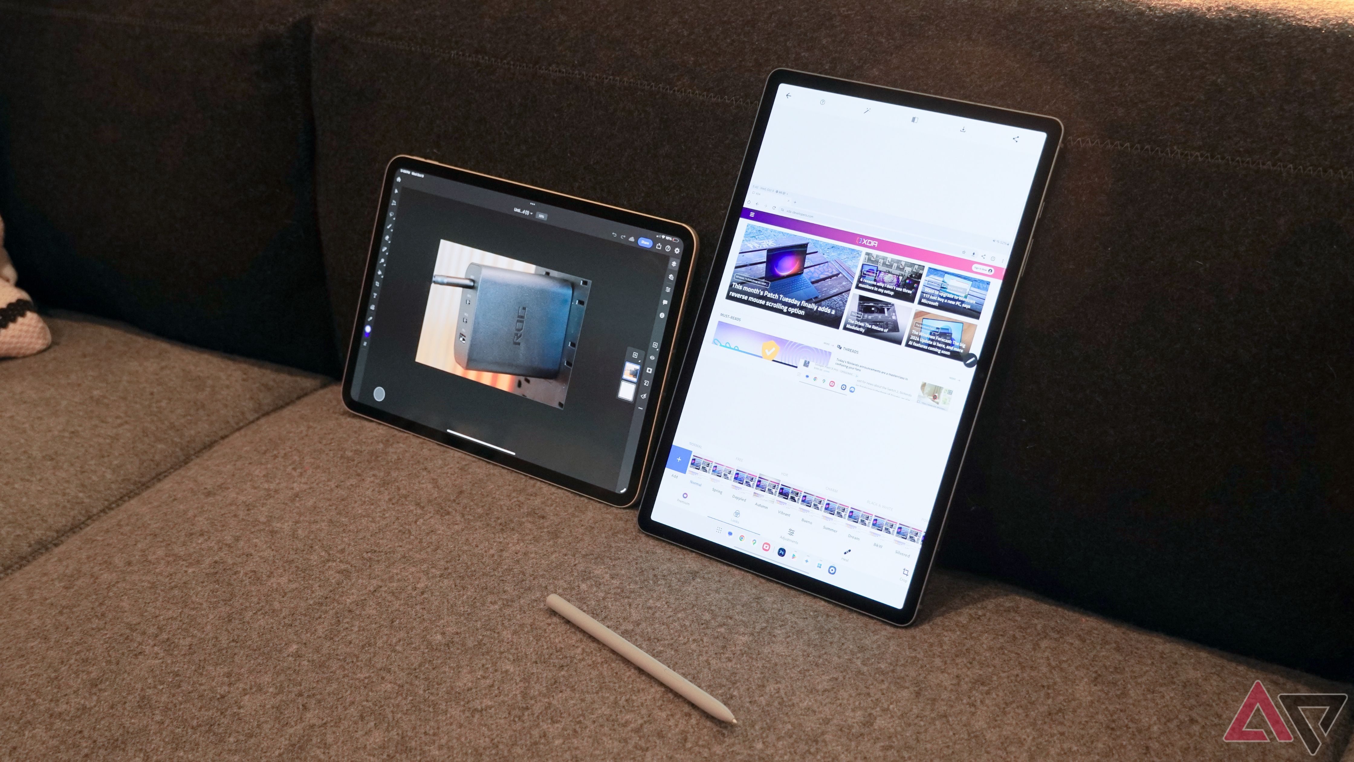 Photoshop running on an iPad Pro M4 (left) and Photoshop Express on a Galaxy Tab S10+ (right).