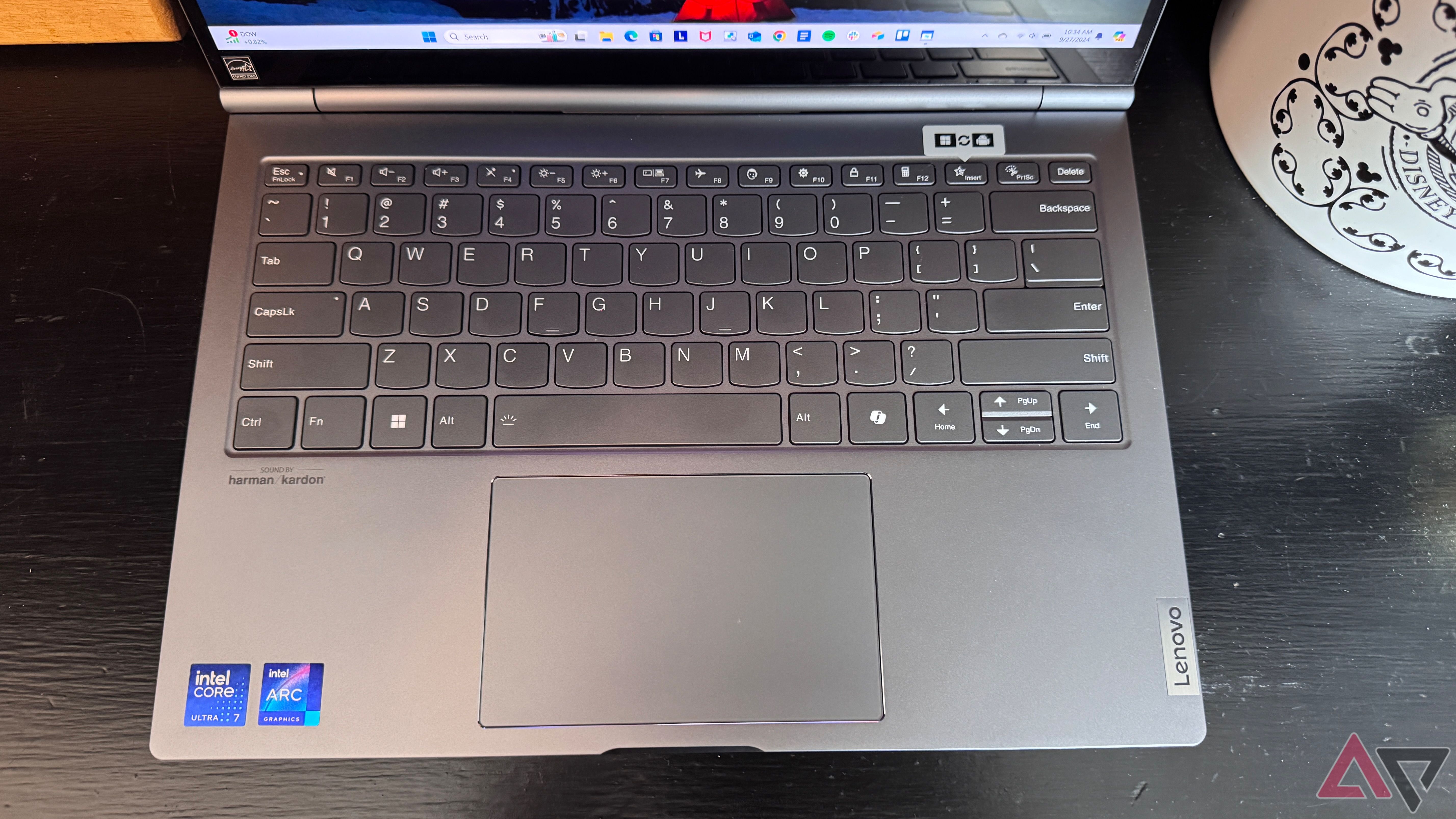 Lenovo ThinkBook Plus Gen 5 Hybrid keyboard and track pad on a black surface.