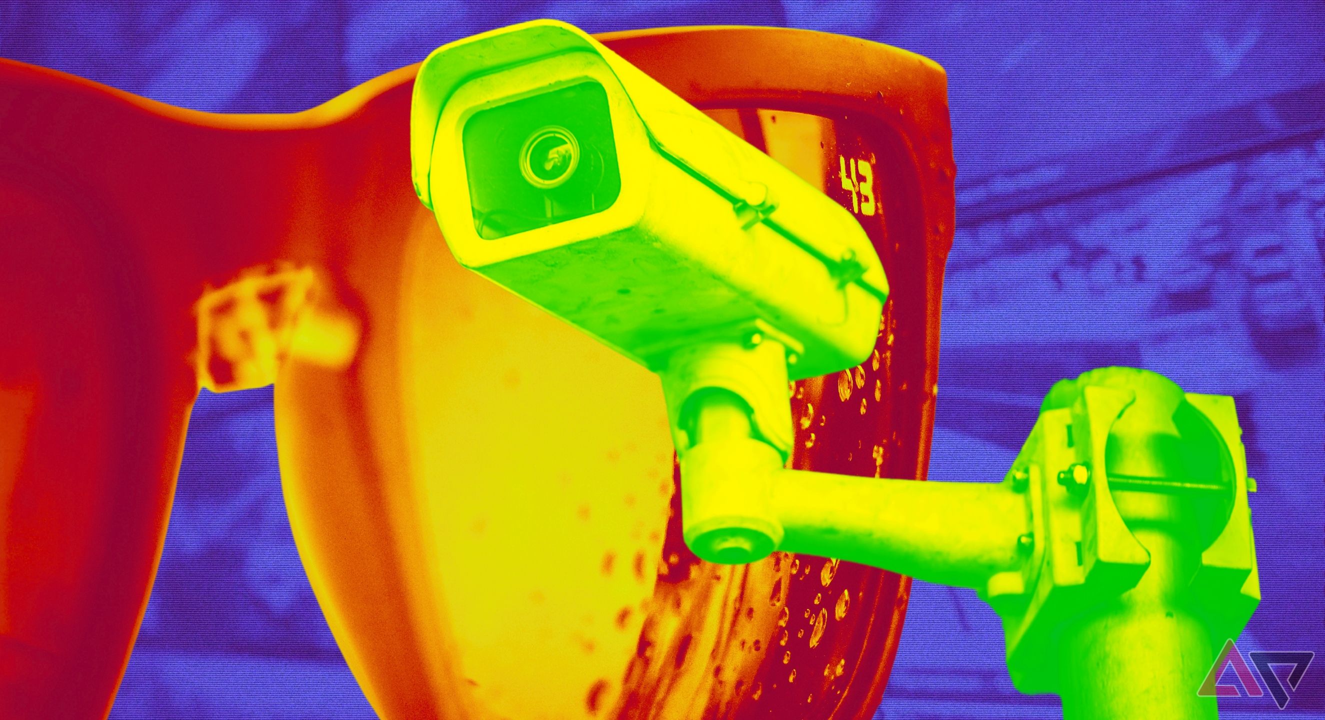 A neon security camera superimposed on an oversaturated image of sunglasses over a stylized blue background