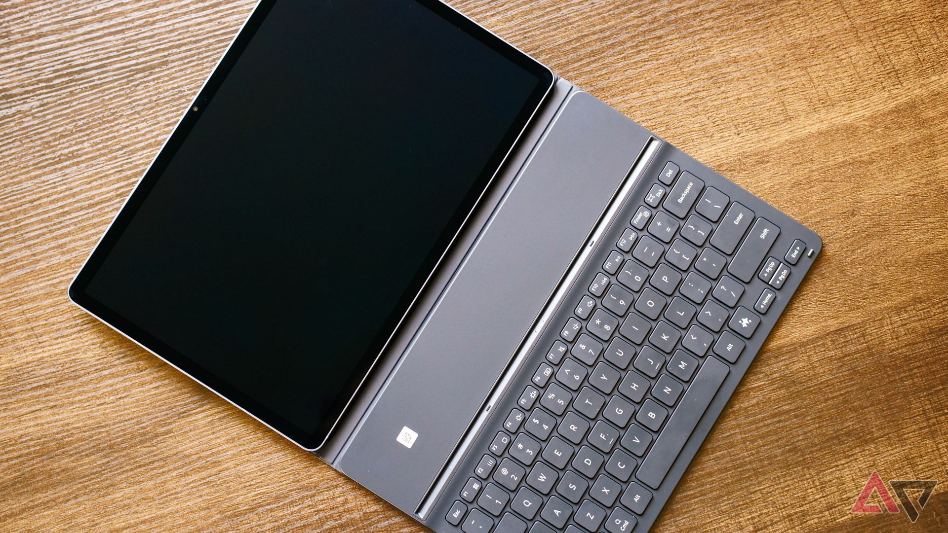 The Galaxy Tab S10+ with its keyboard dock, fully unfolded on a table.