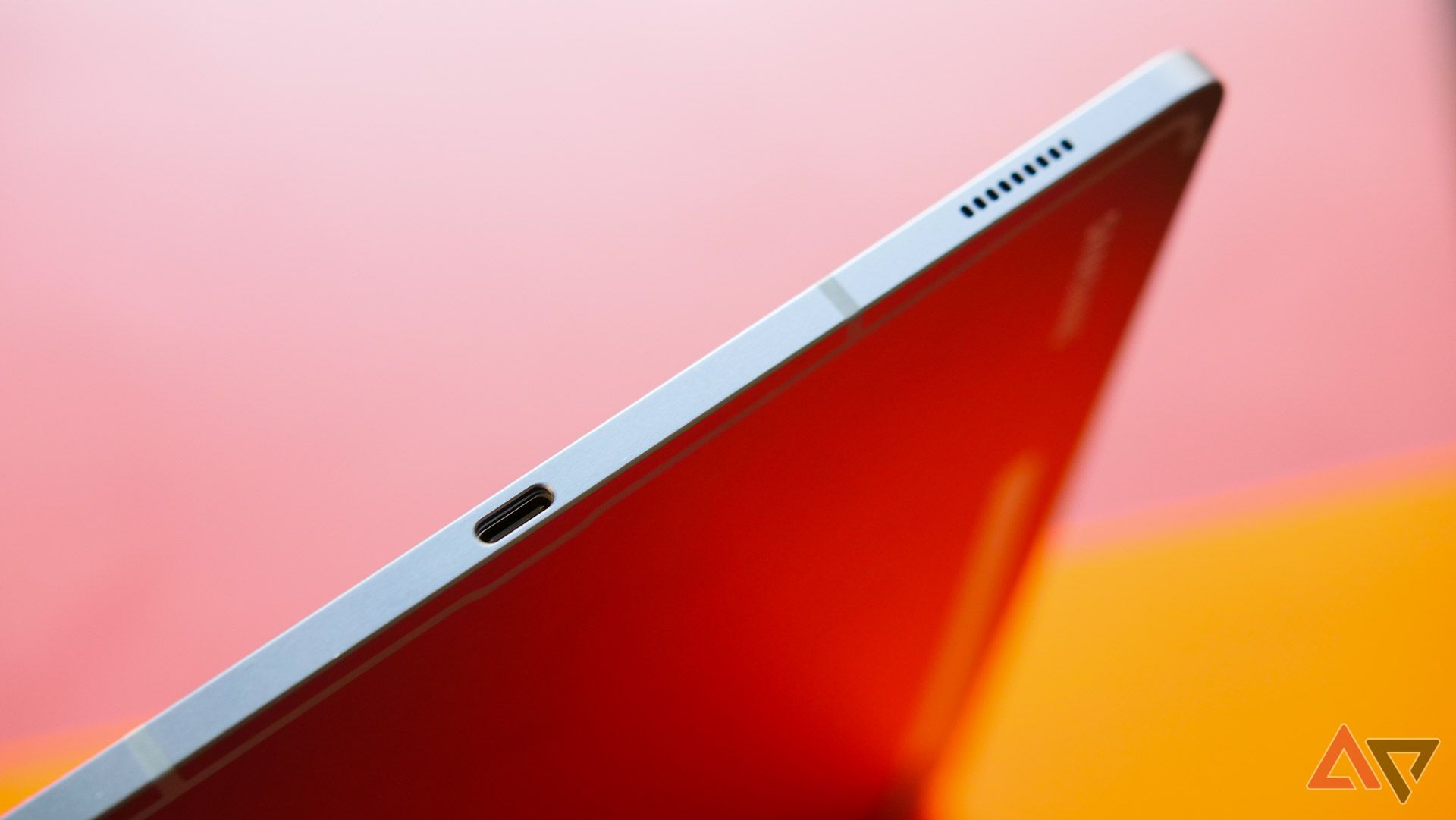 A close up on the Tab S10's USB-C port and speaker.