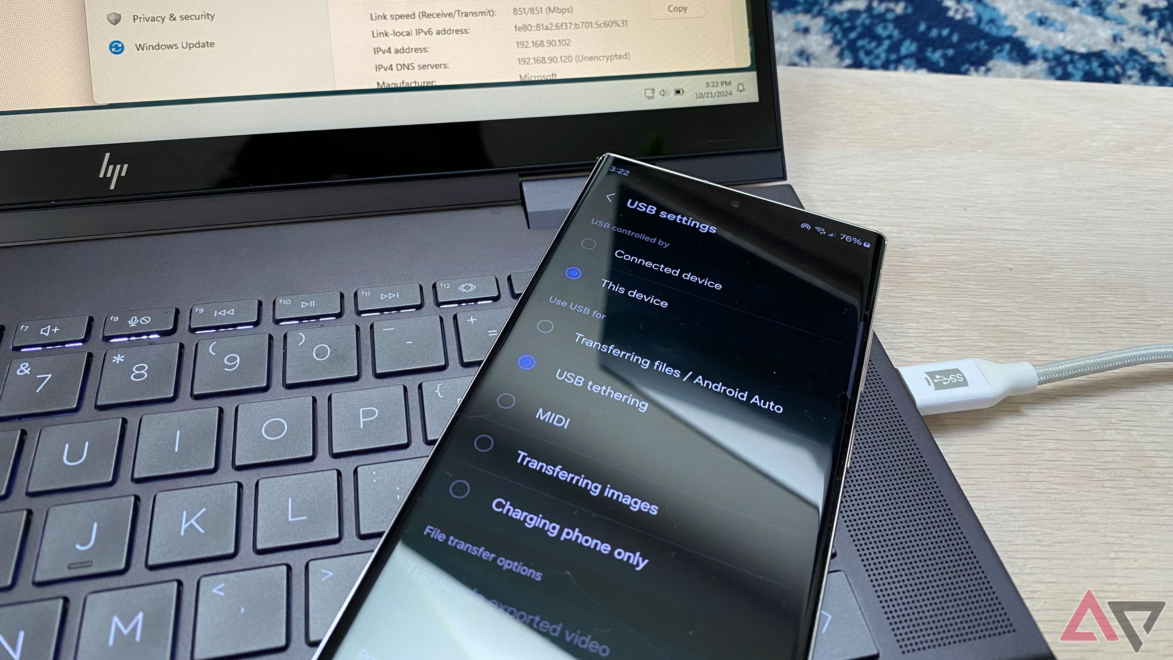 USB tethering from your Galaxy S23 Ultra phone to your Windows 11 laptop