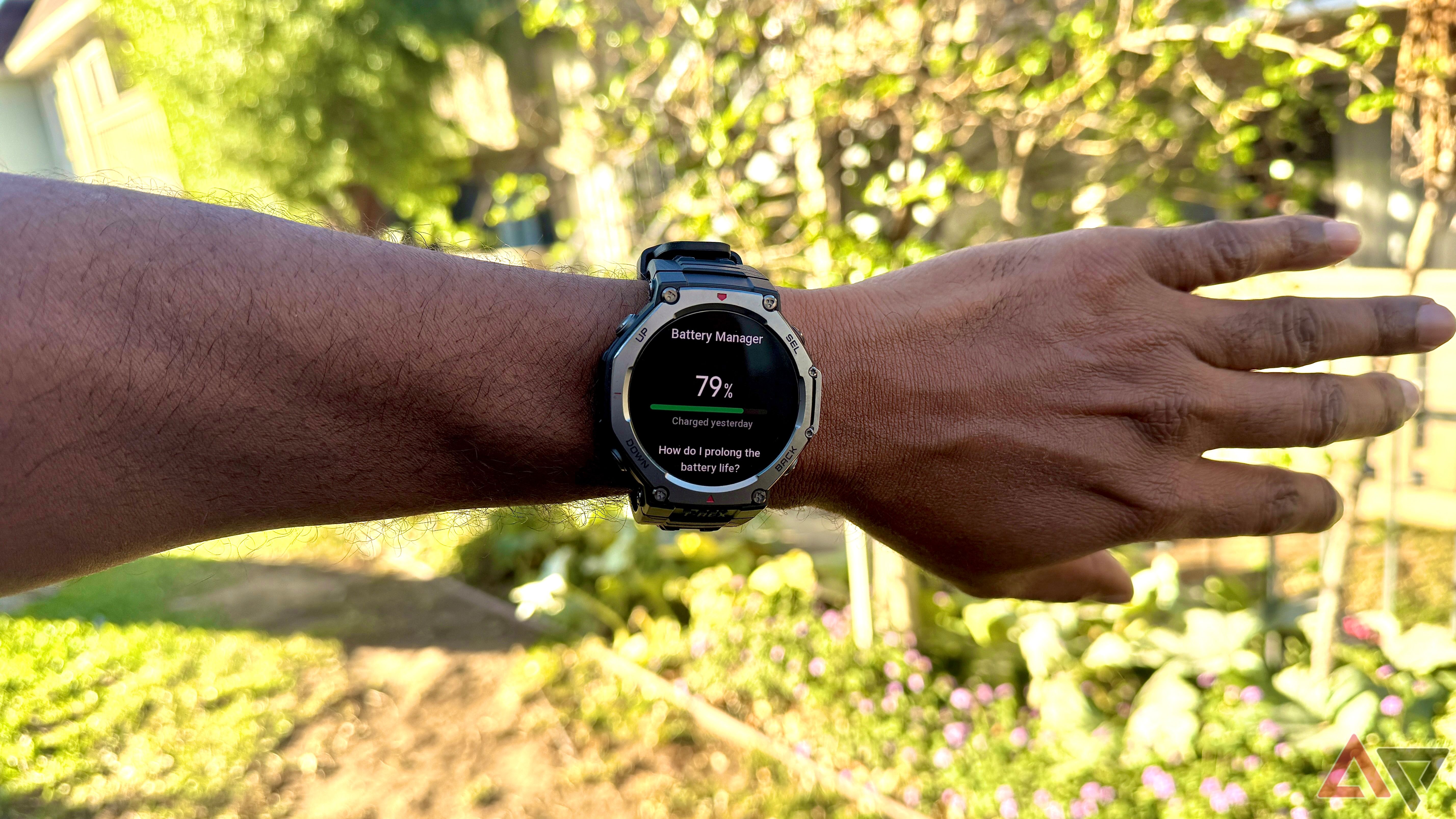 Amazfit T-Rex 3 on the wrist, showing battery mangager information