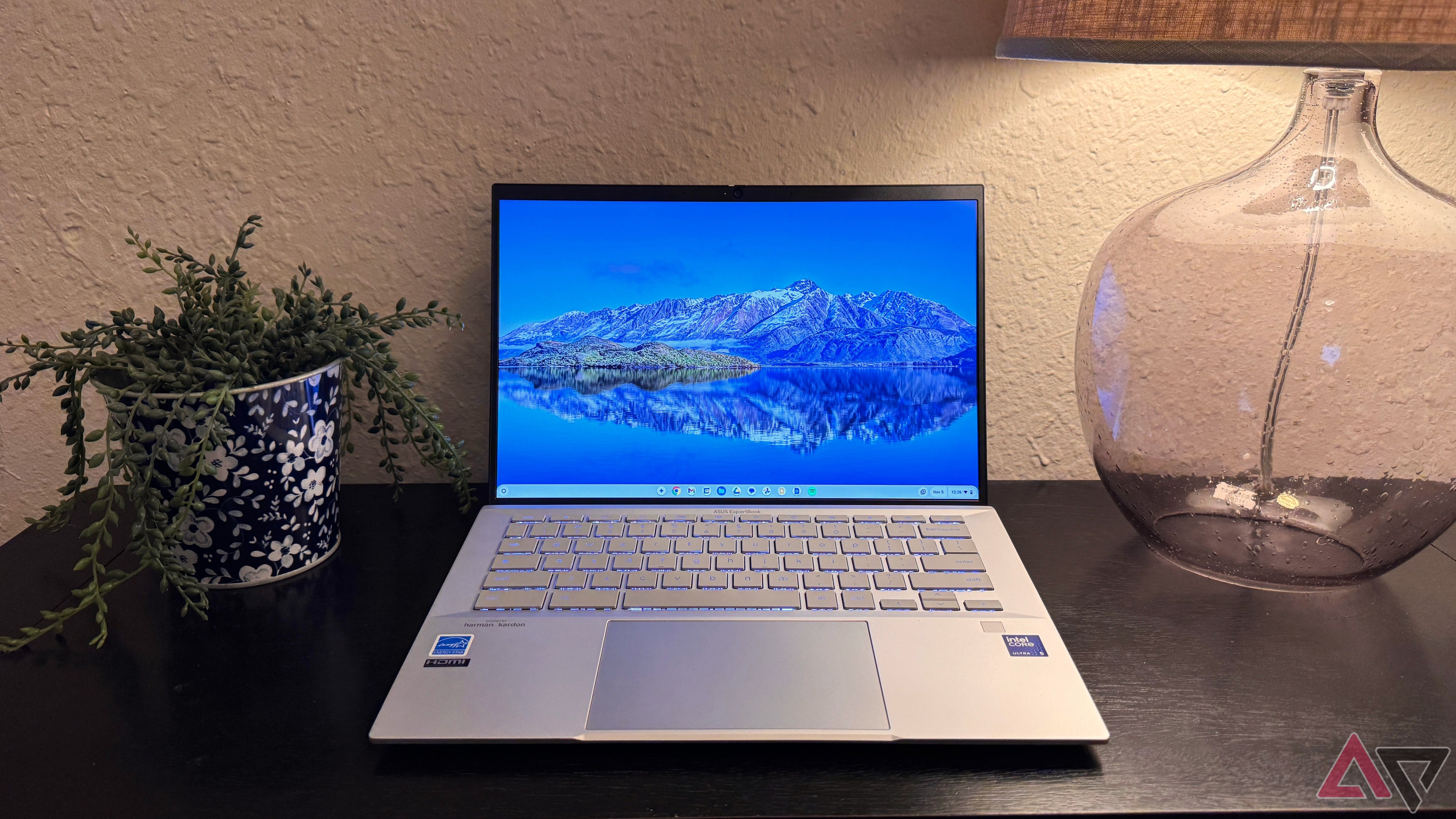 Asus Chromebook Plus CX54 on a black surface in front of a white wall and next to a green plant in a blue container and a clear lamp.