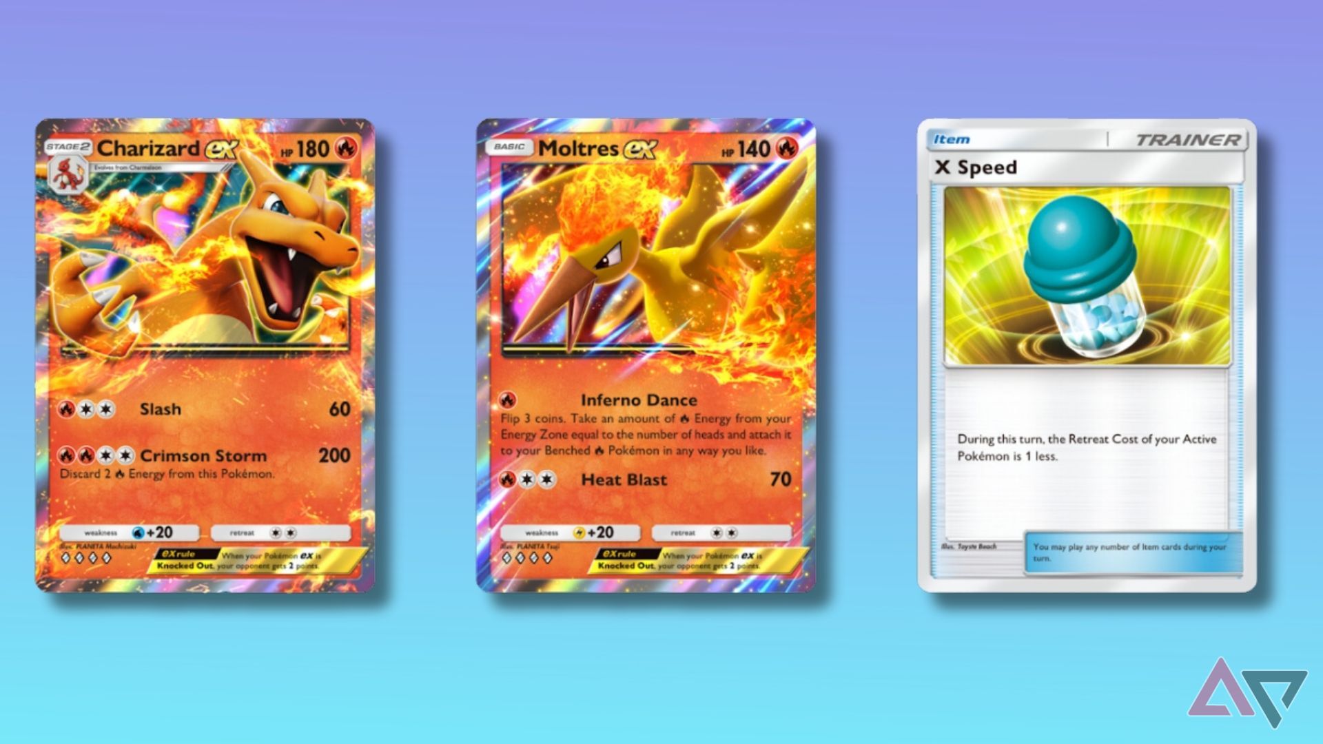 three pokemon cards on blue gradient background