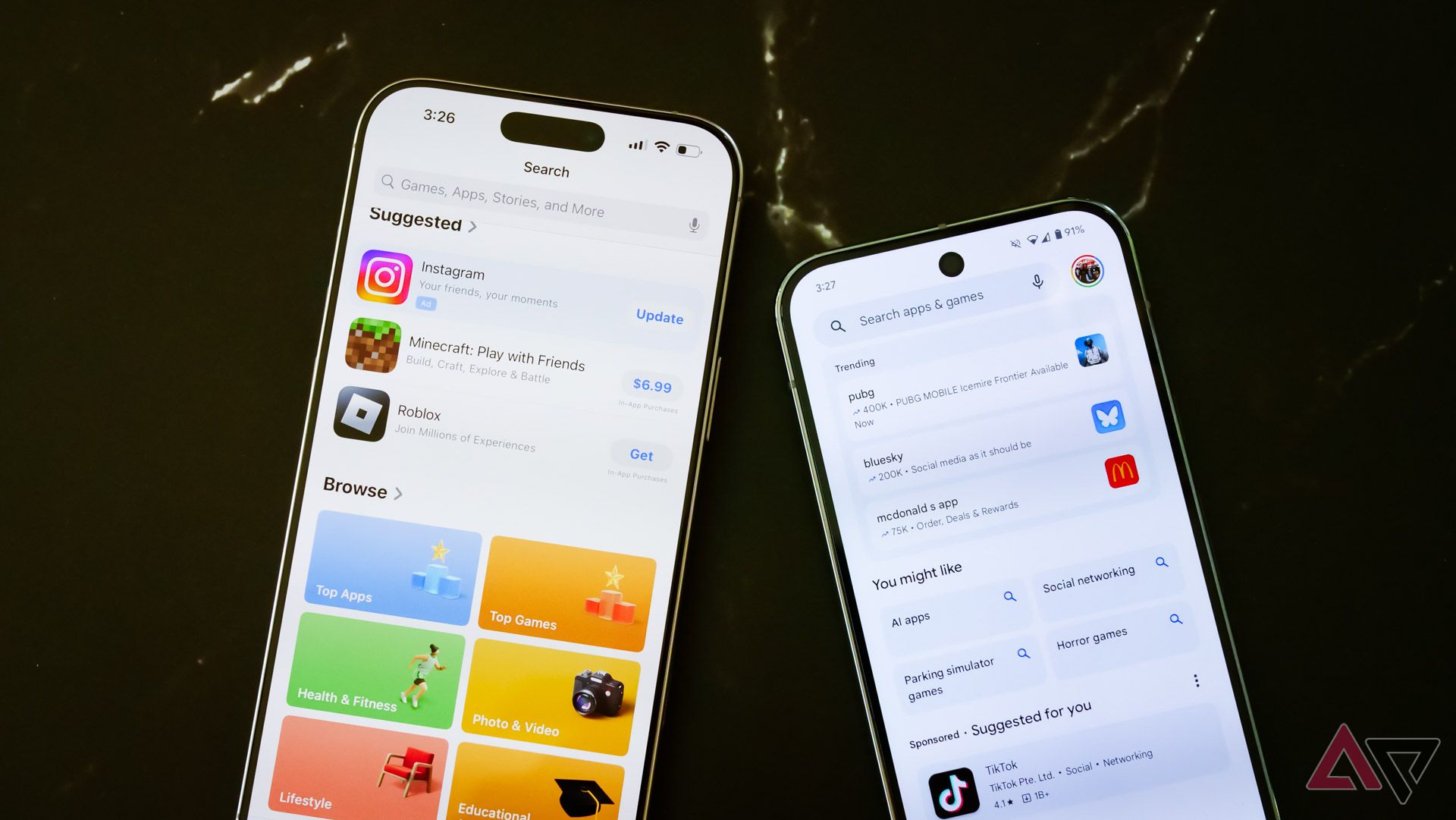 Apple and Google's respective search tabs on an iPhone 16 Pro Max and a Pixel 9 Pro.