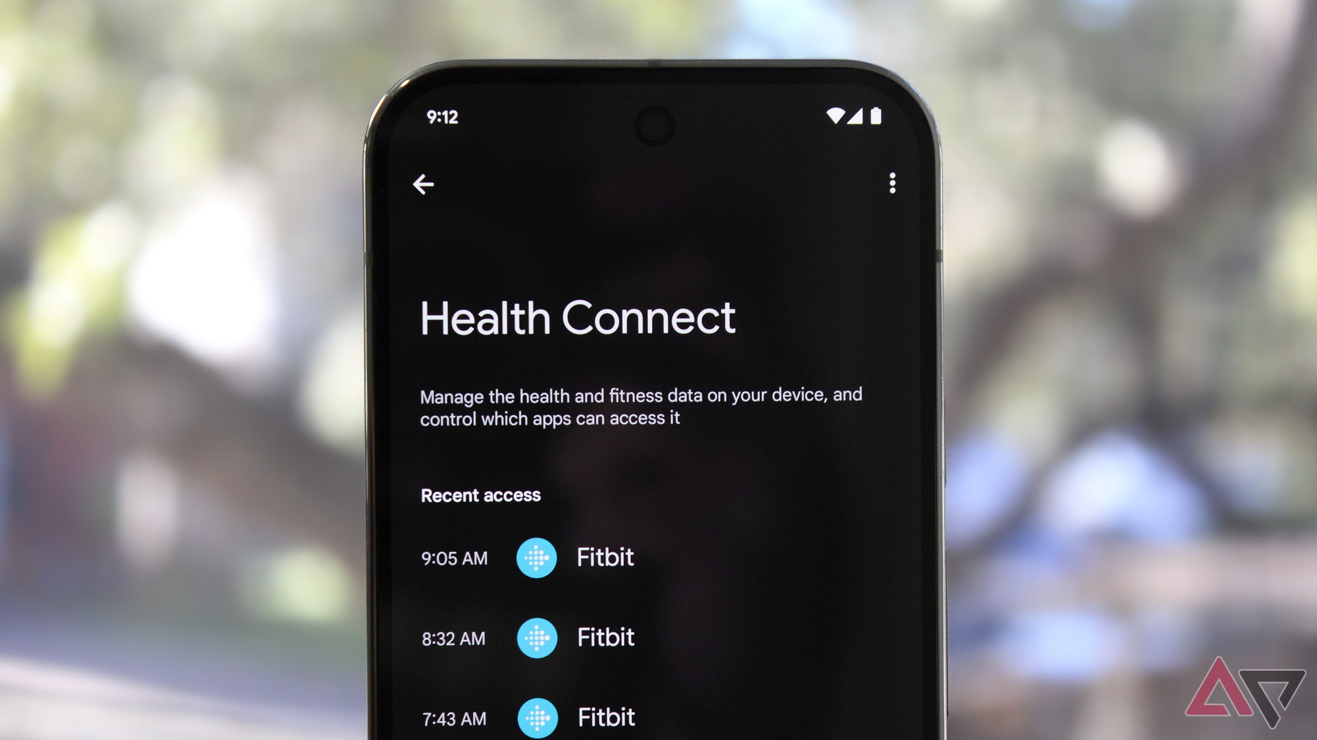 A photo of the Google Pixel 9 Pro's Health Connect Menu with out-of-focus trees in the background.