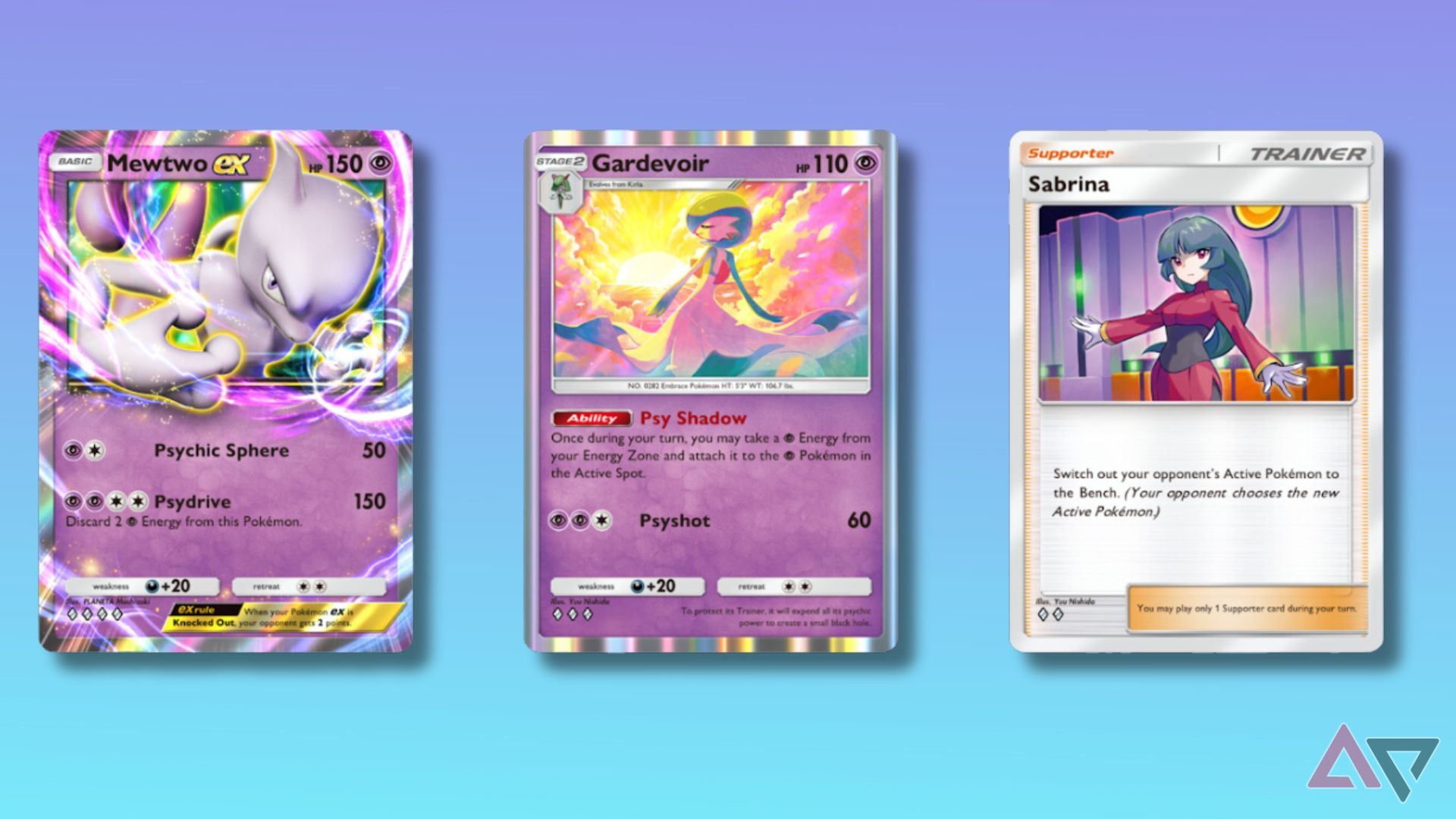 three pokemon cards on blue gradient background