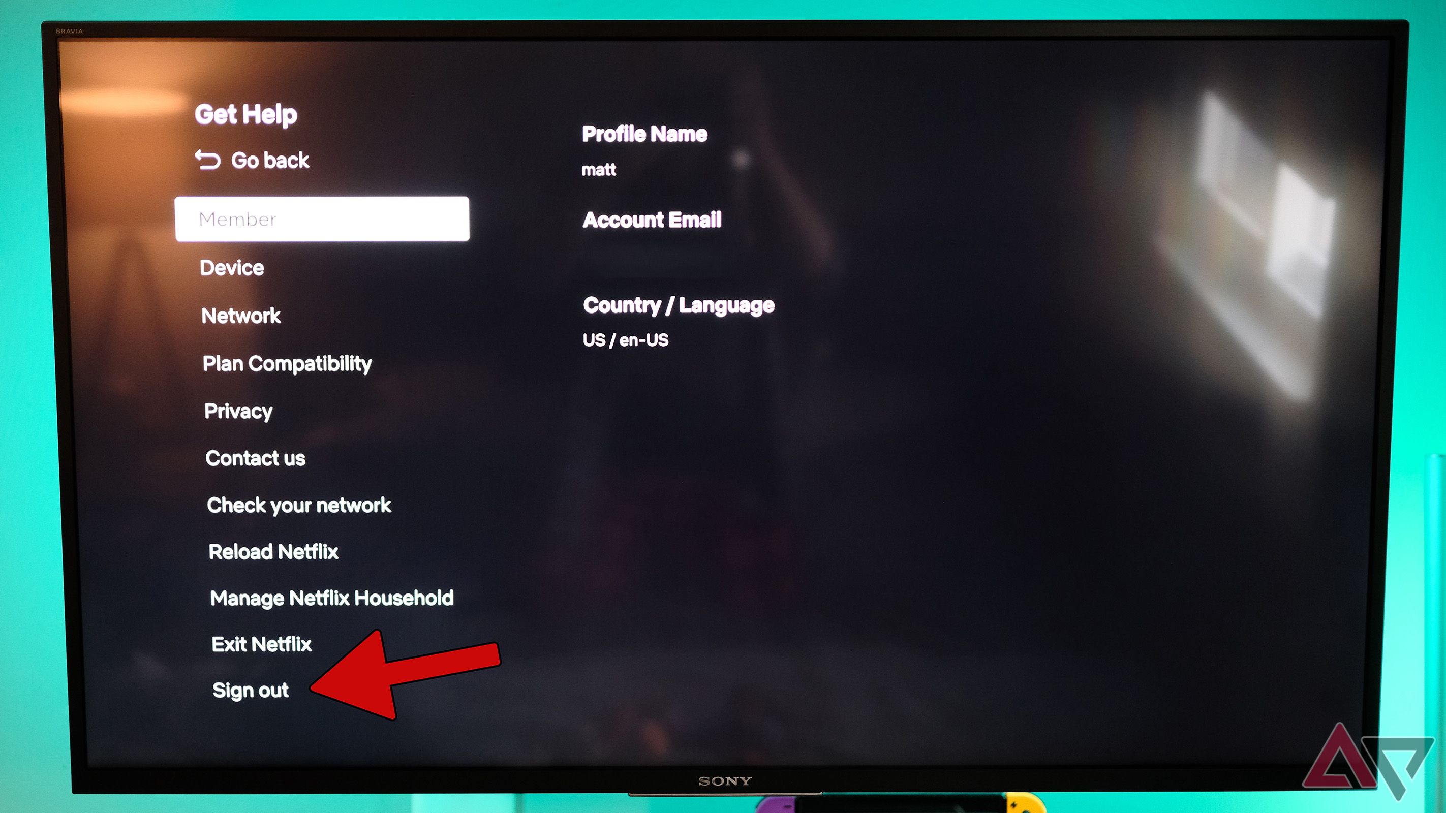the get help screen in the netflix tv app with red arrow pointing at sign out