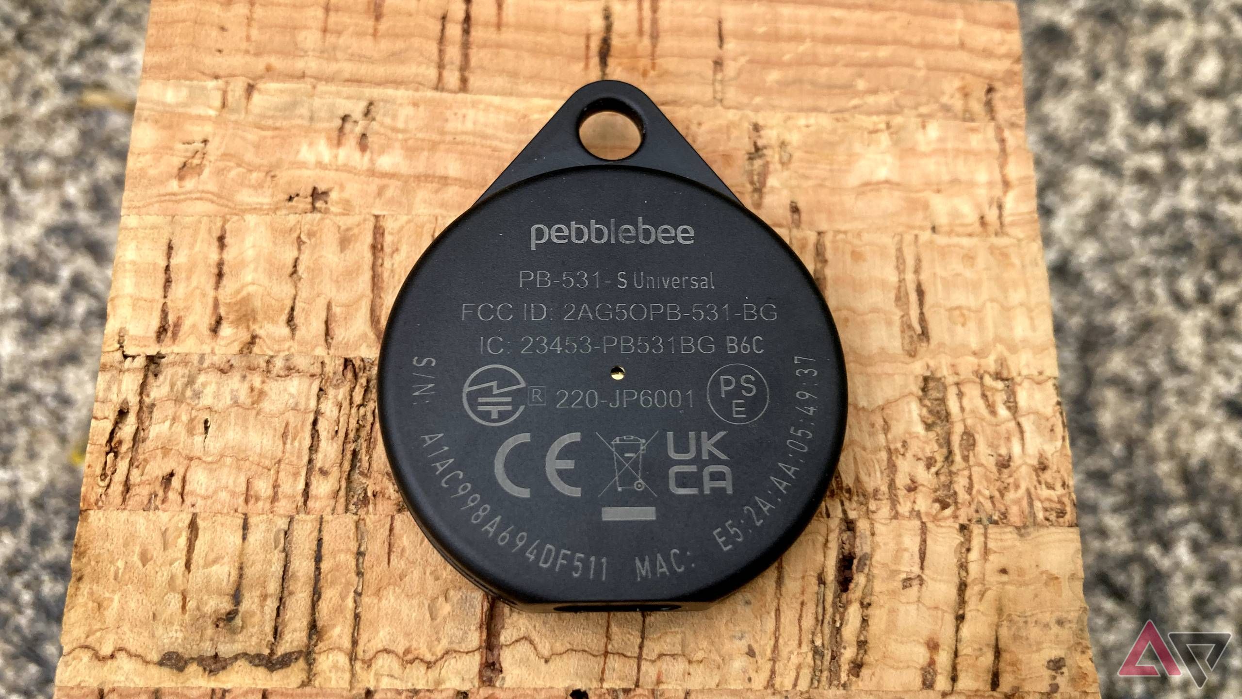 The back of the Pebblebee Clip Universal, sitting on a block of cork