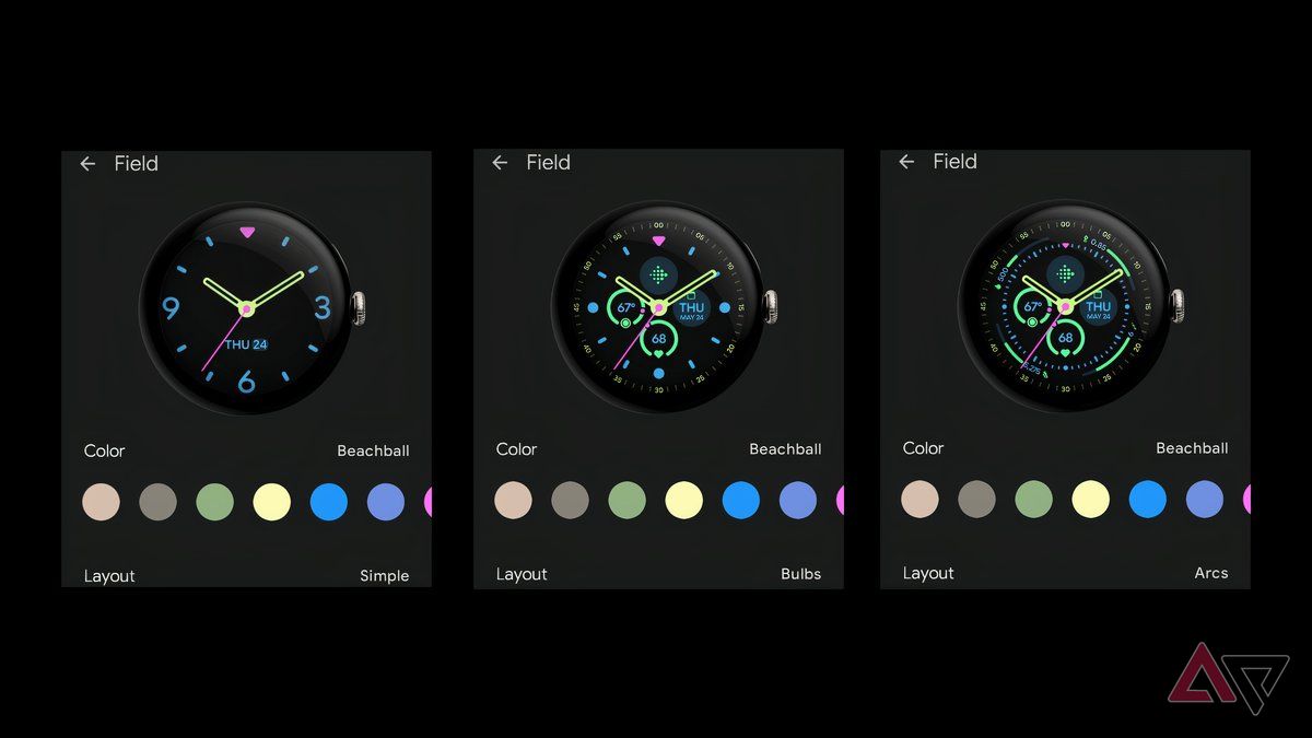 Screenshots of the Pixel Watch 3 Field watch face