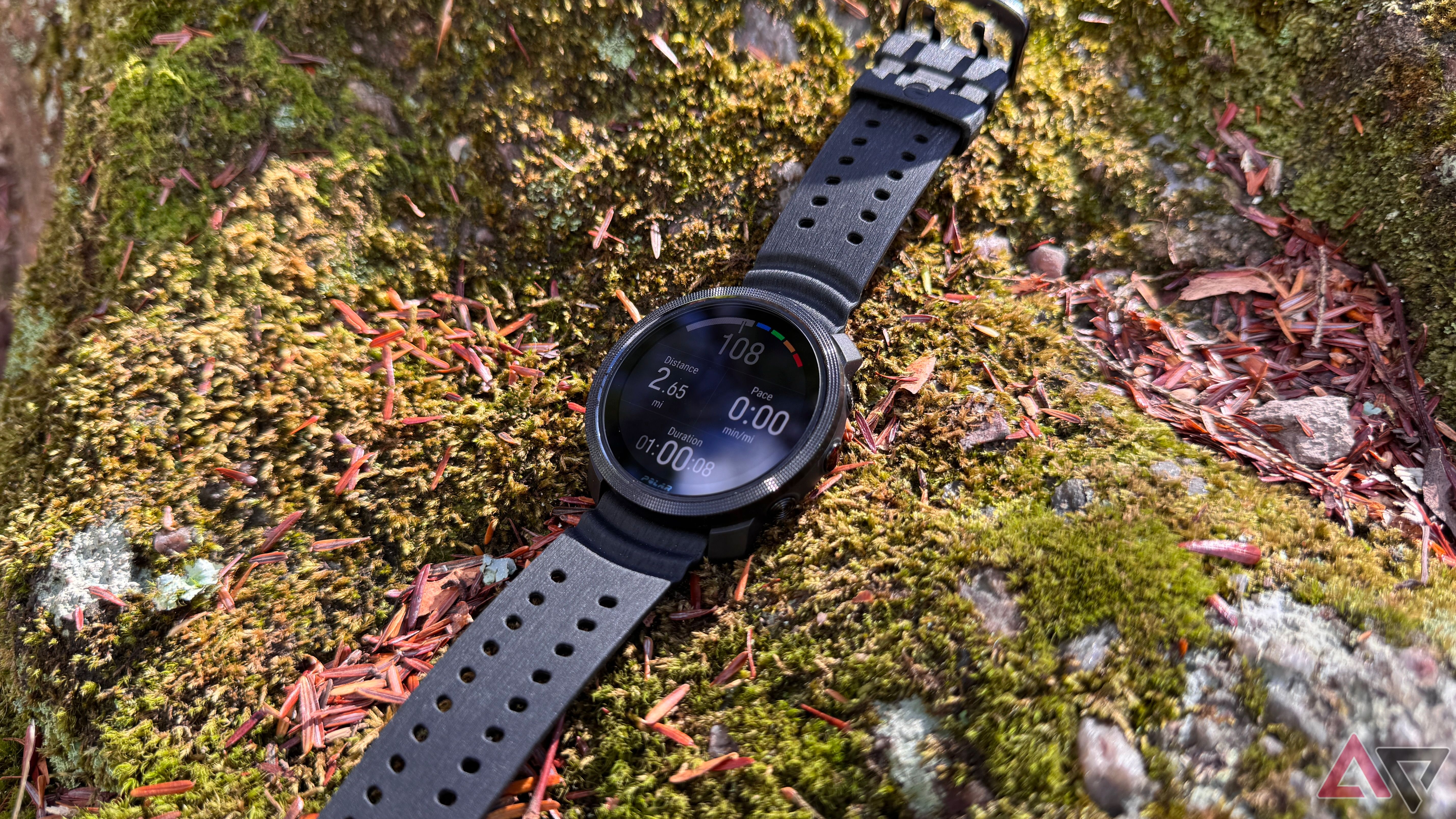 Polar Vantage M3 in black on a moss covered rock