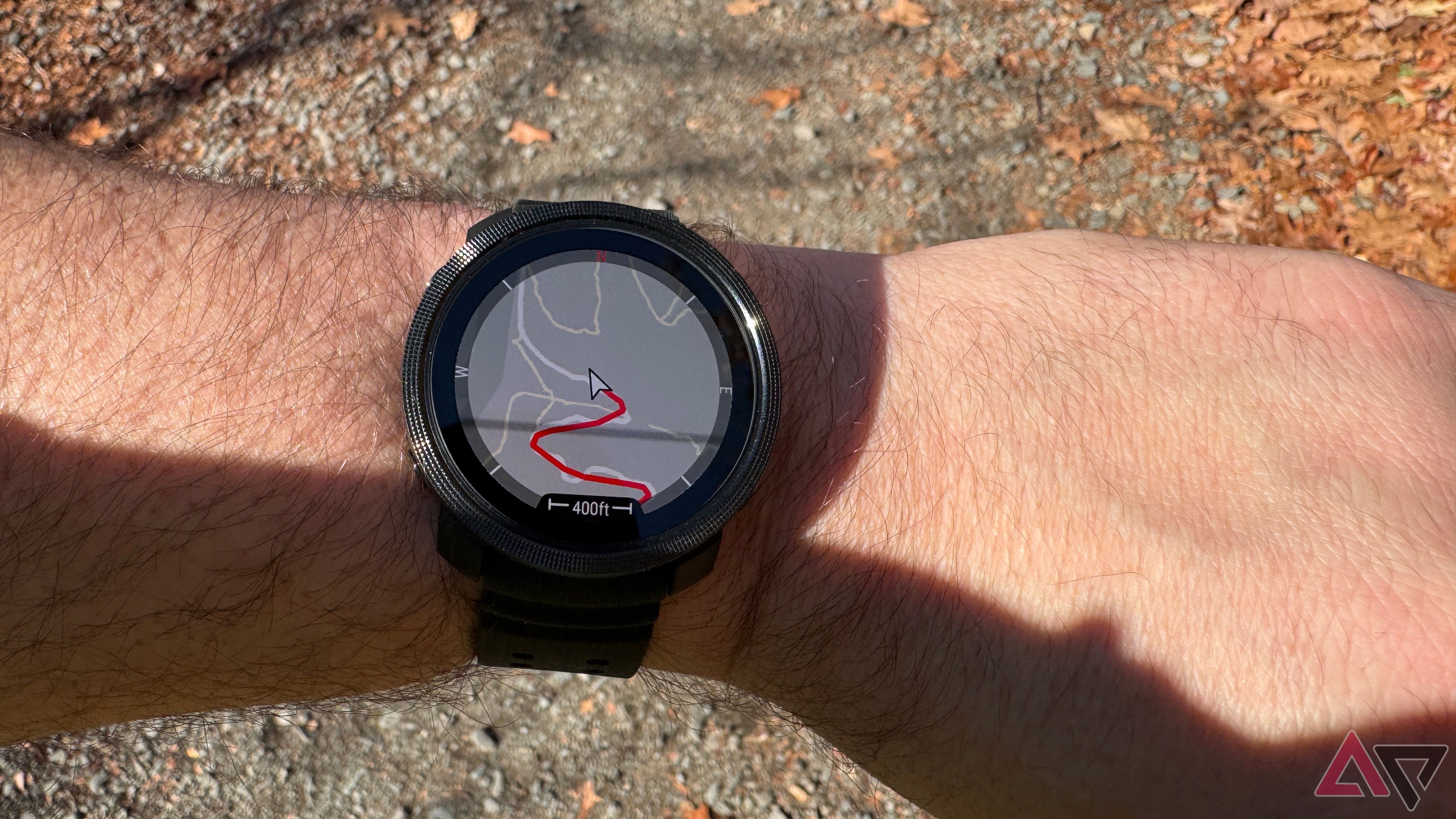 Polar Vantage M3 showing the maps screen on a gravel trail