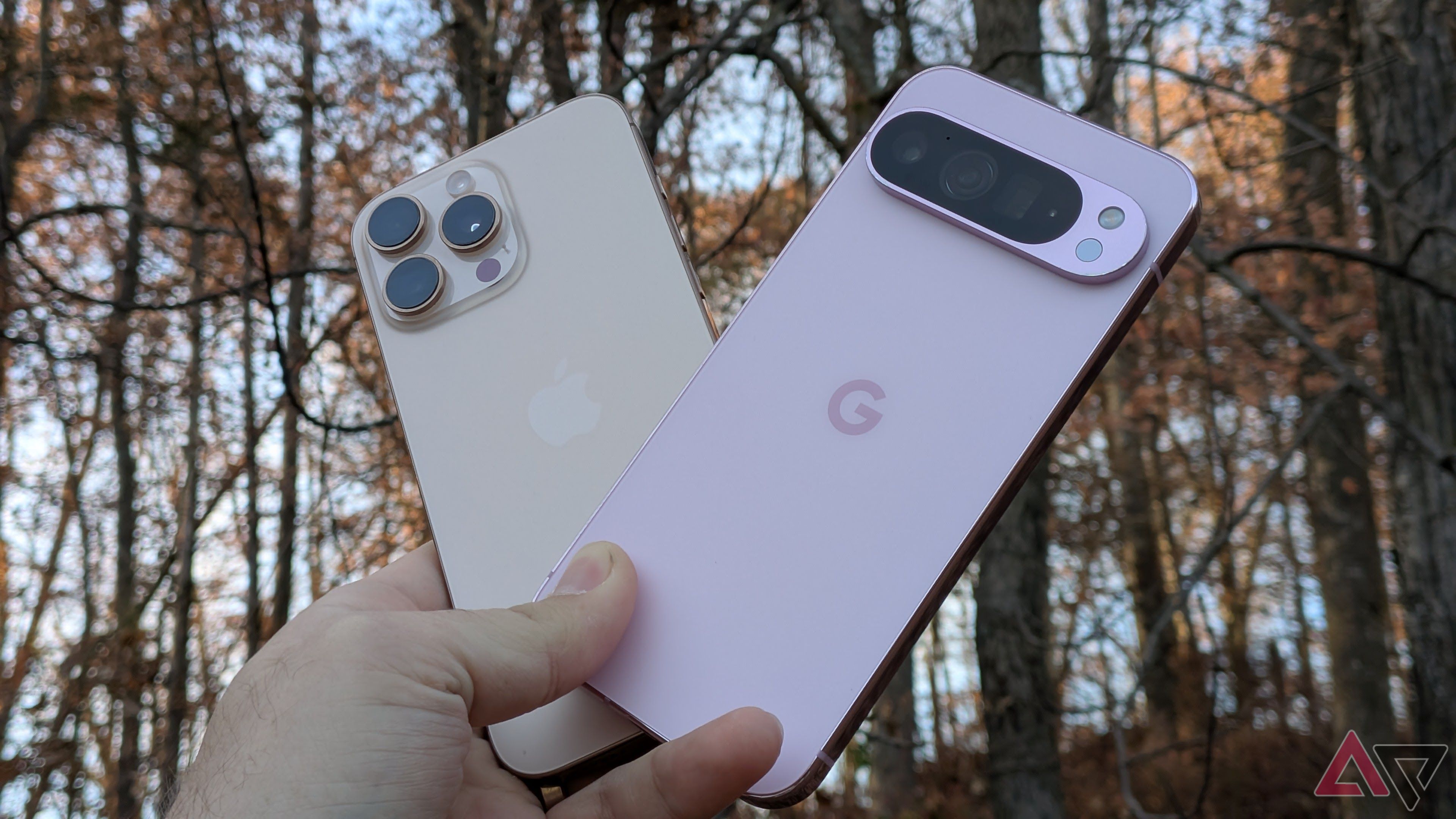 Apple iPhone 16 Pro Max and Google Pixel 9 Pro XL held up against woods