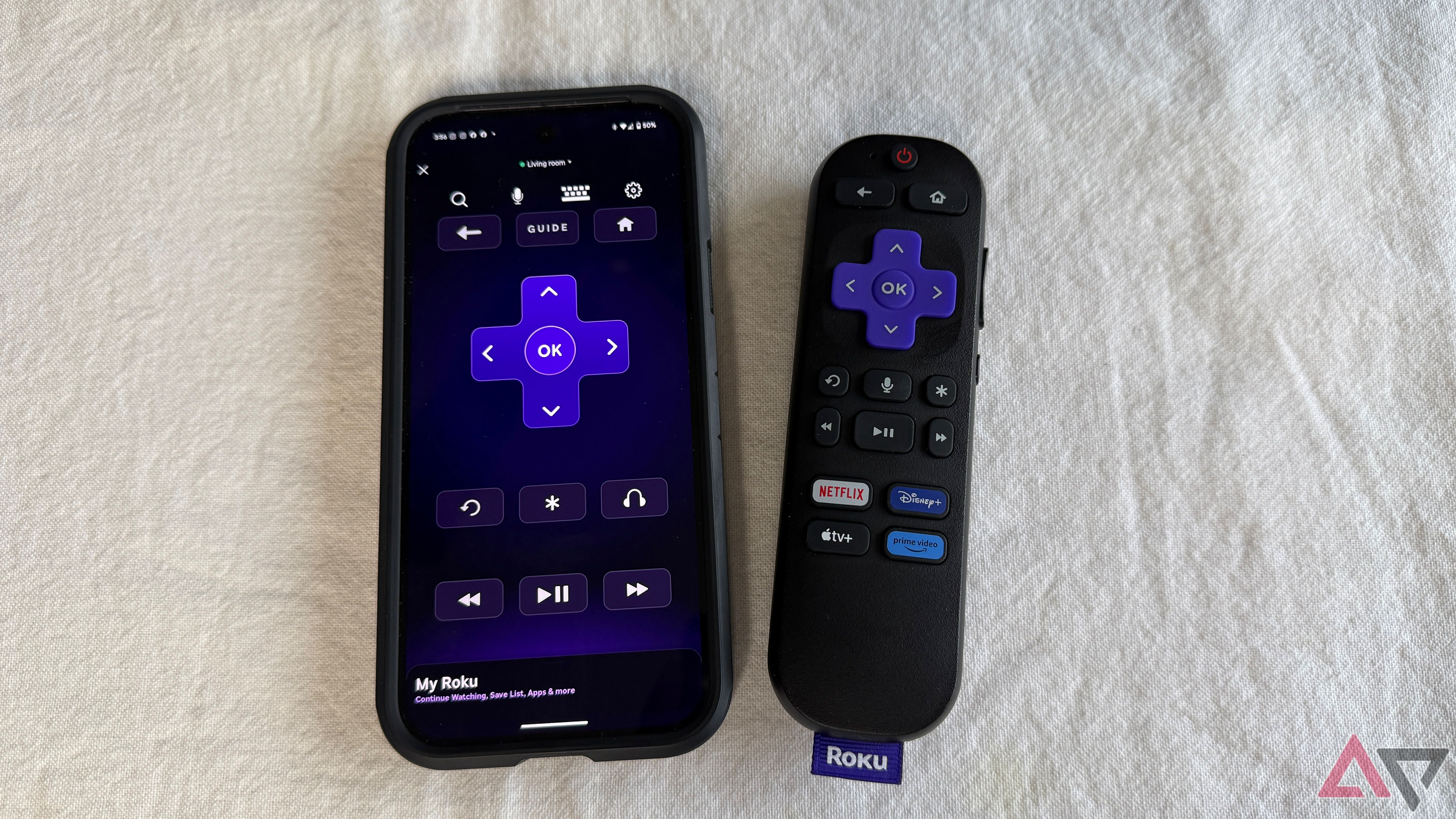 The Roku Express 4K+ remote control and mobile app remote control