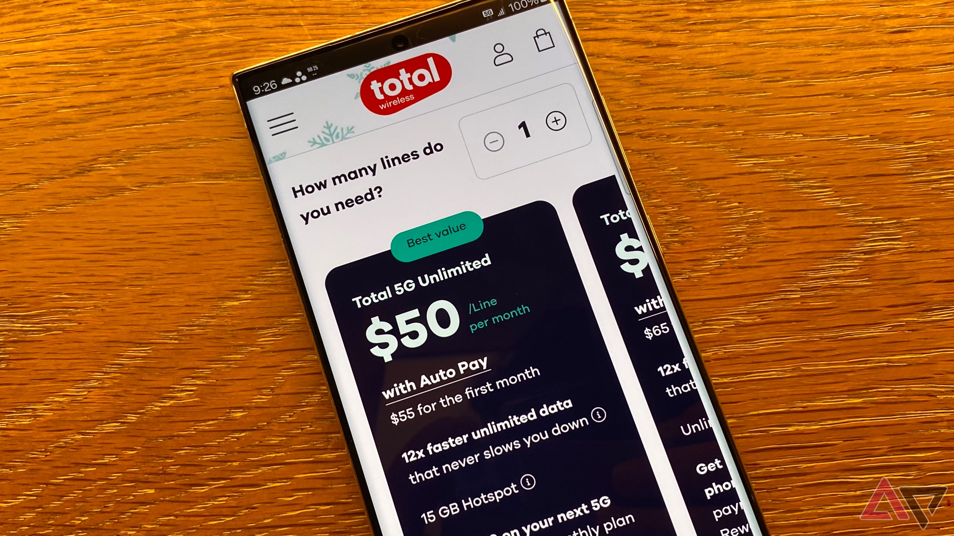 Total Wireless plans page on Galaxy phone