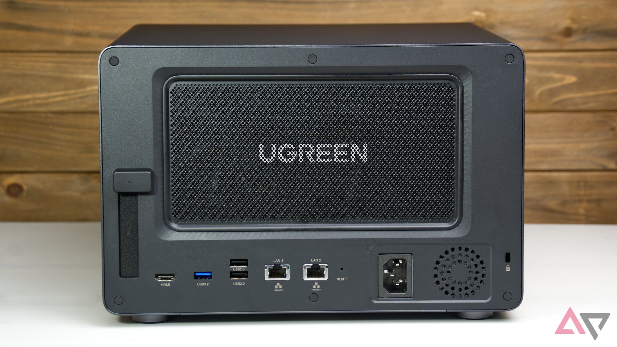 Rear view of the Ugreen DXP6800 Pro with the magnetic dust filter installed to cover the fans