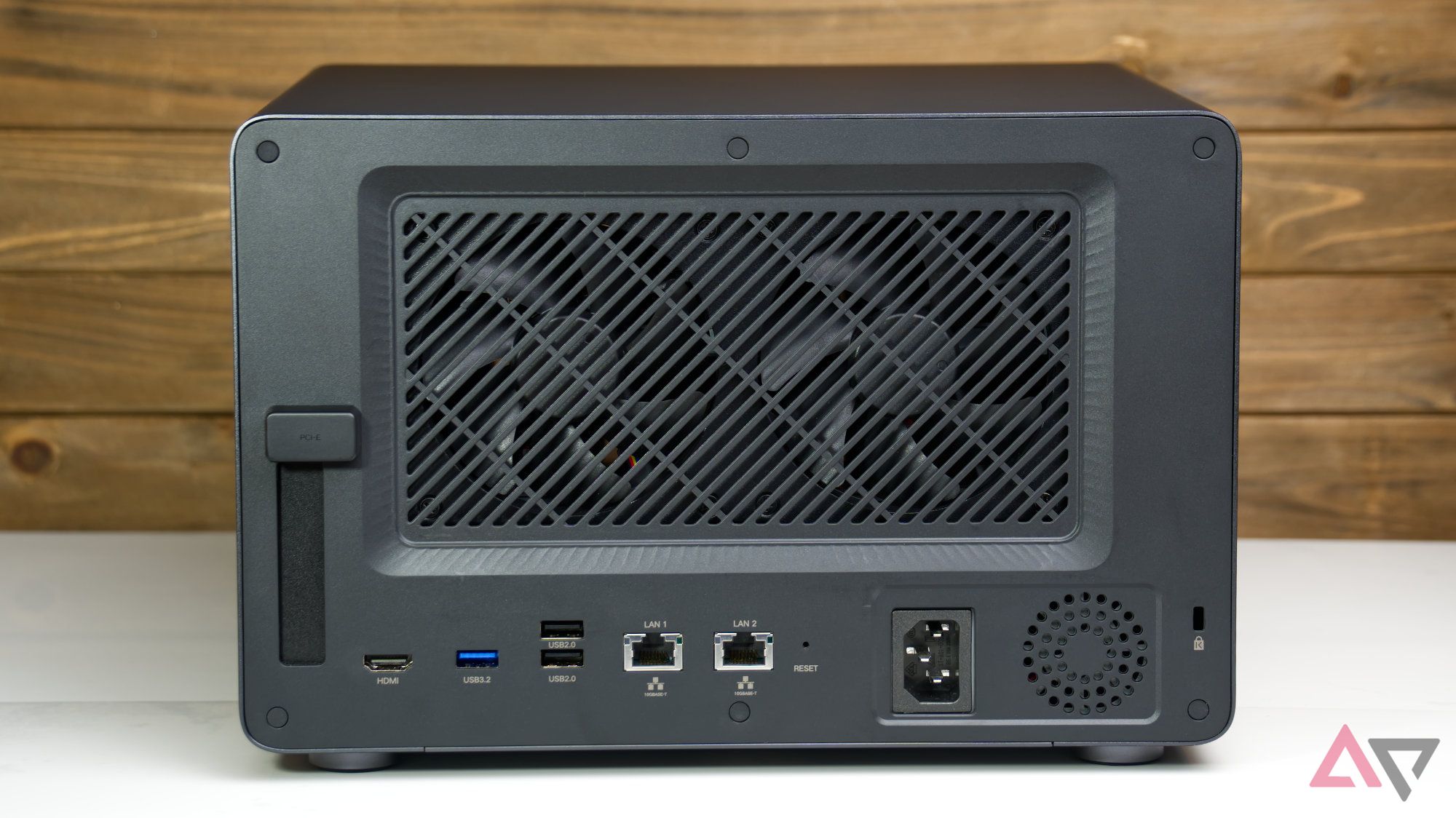 Rear view of the Ugreen DXP6800 Pro with the magnetic dust filter removed so the fans are visible