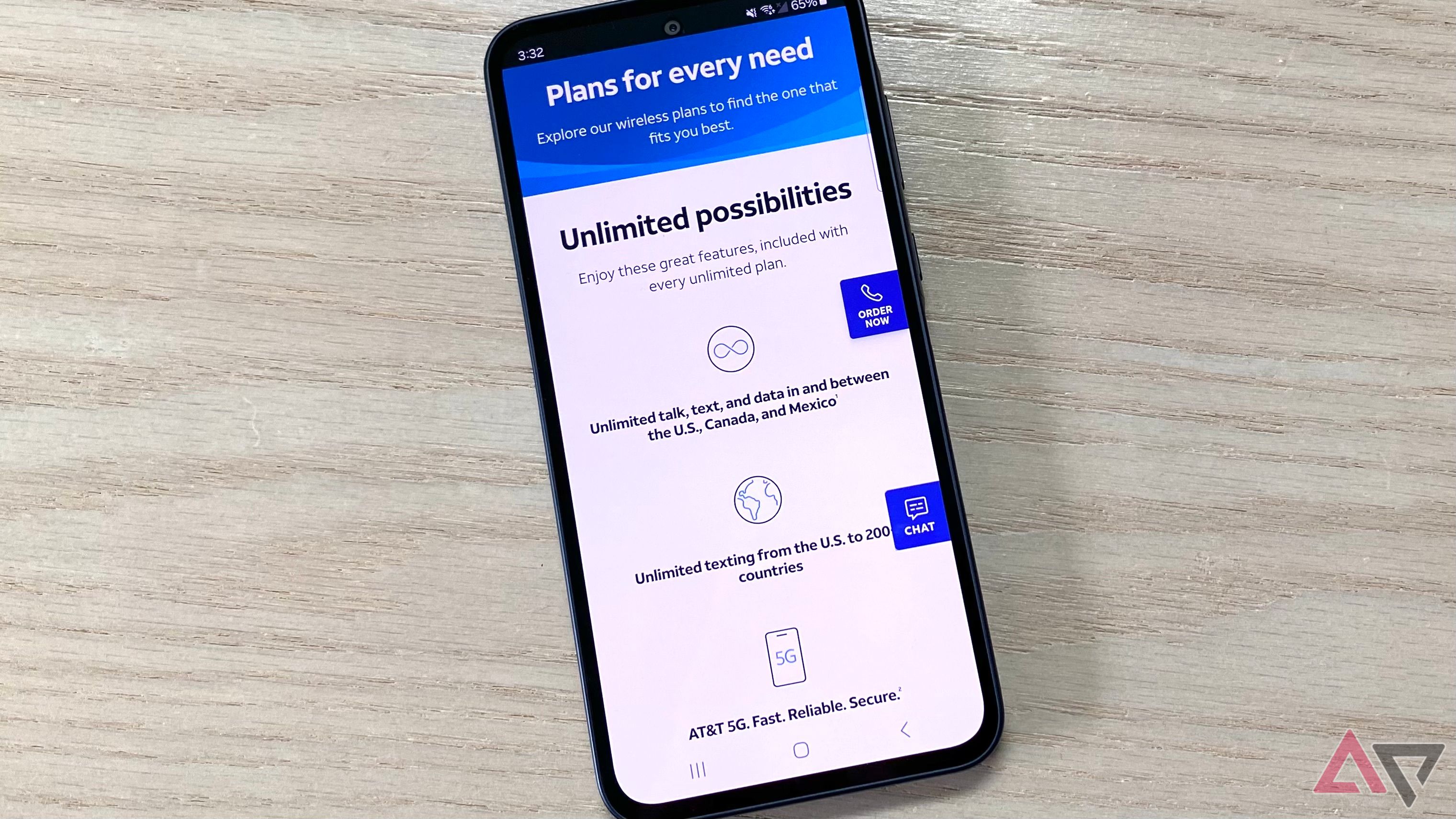 AT&T mobile plans page on a Galaxy A35