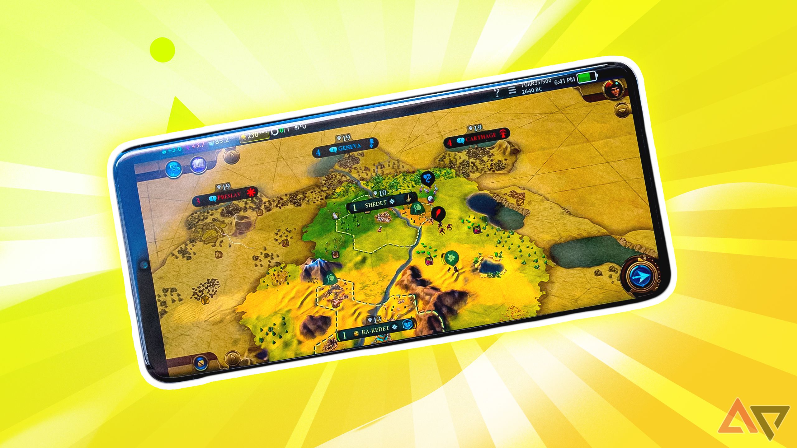 phone showing civilization 6 on yellow background