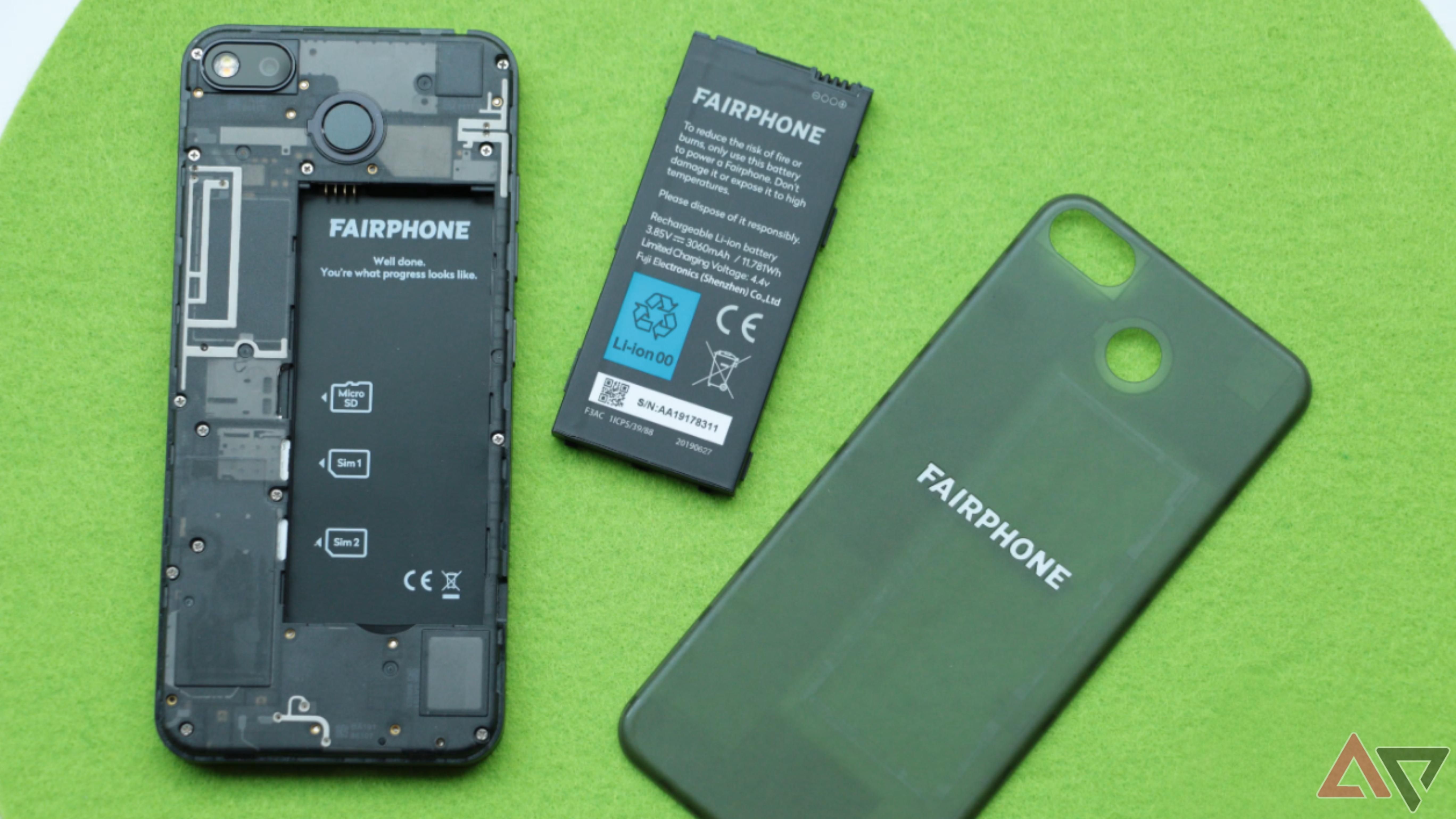 The Fairphone 3 with its back and battery removed