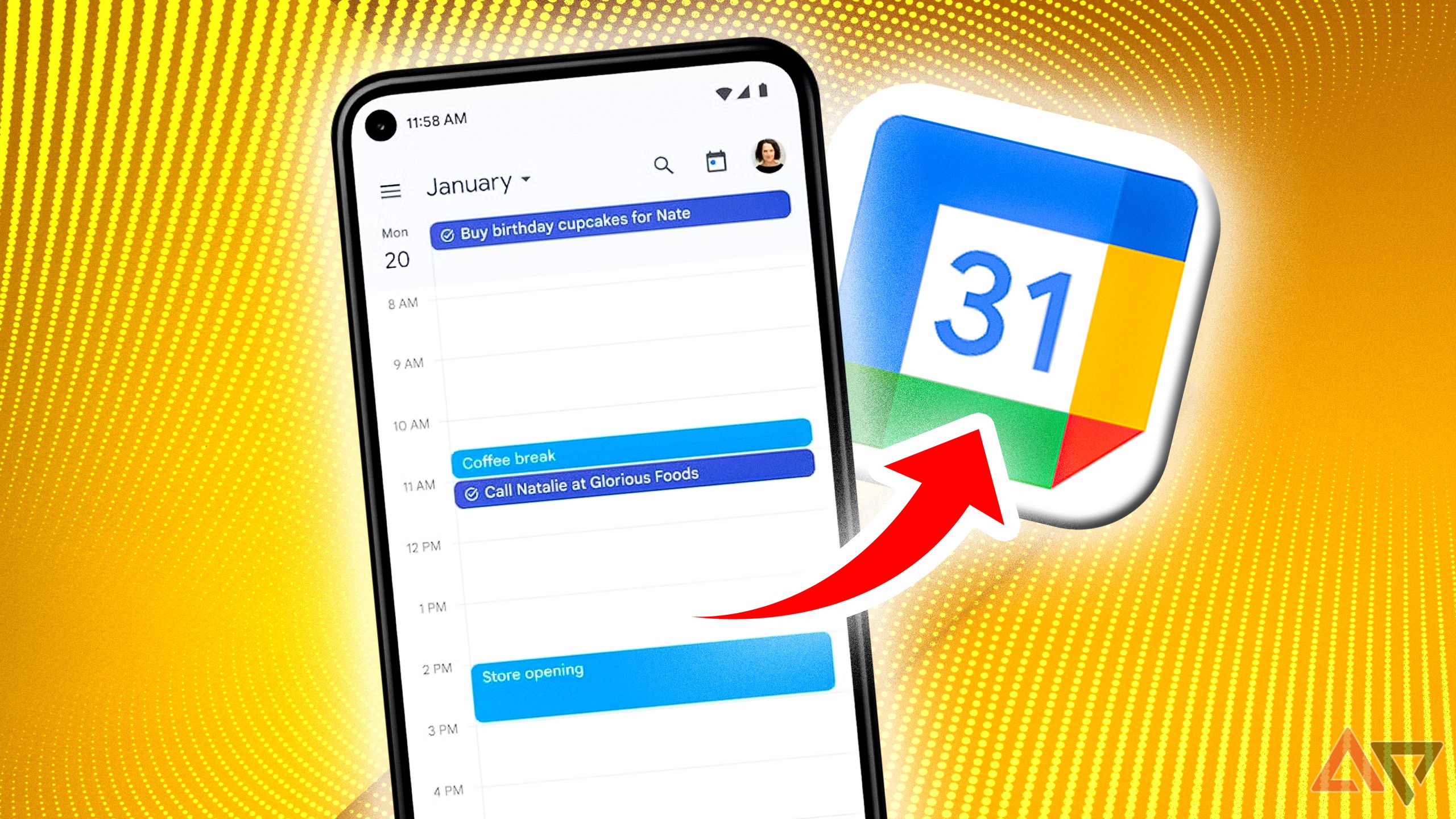 android phone showing google calendar app on yellow background