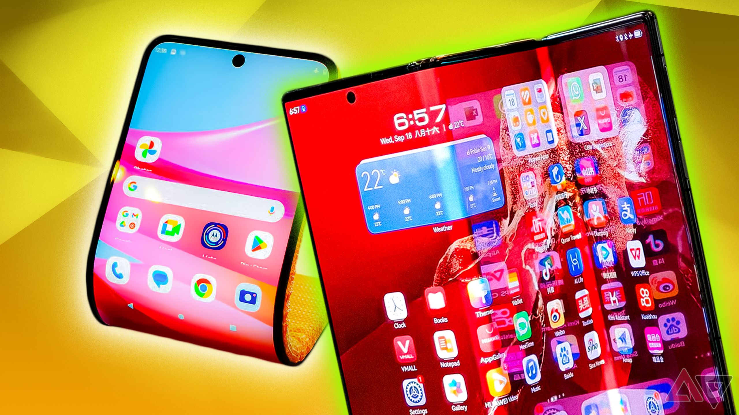 Motorola and Huawei bendable and foldable smartphone concepts on a colorful background