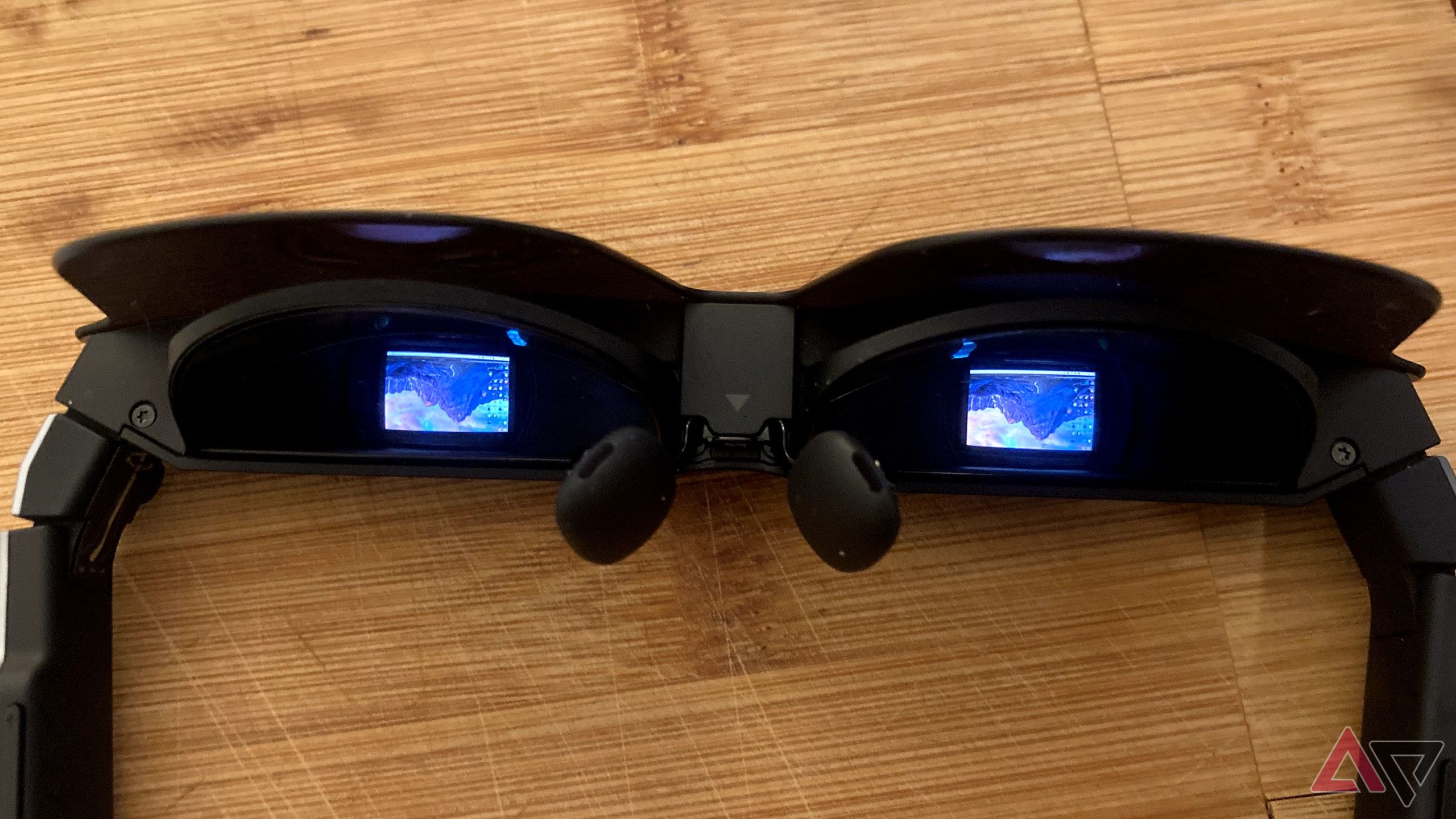 The RayNeo Air 2s XR glasses from the bottom with both lenses on