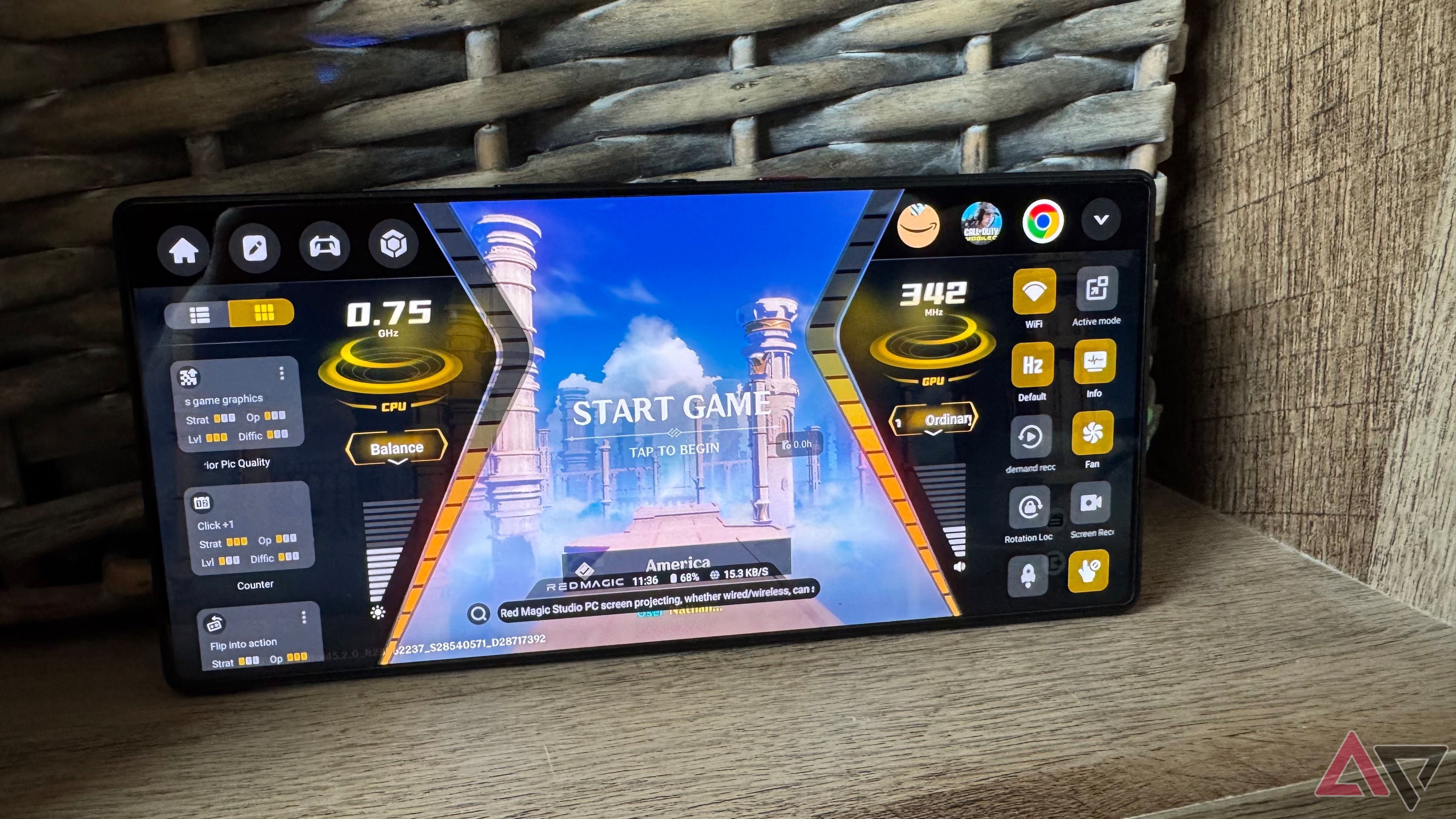 The in-game stats on either side of the screen on the Redmagic 10 Pro.