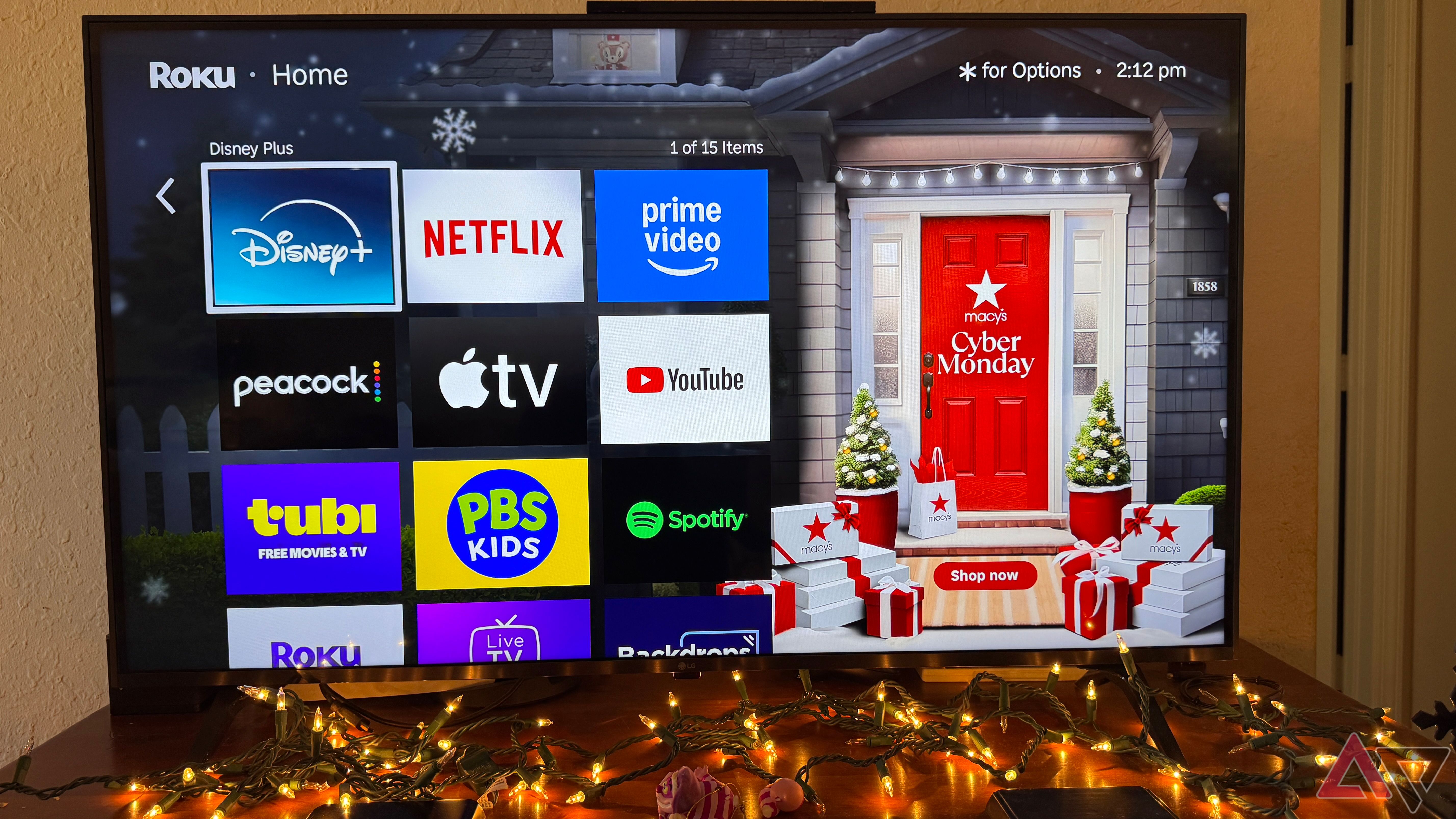 Roku Streaming Stick 4K Home Screen with large Macy's Cyber Monday ad