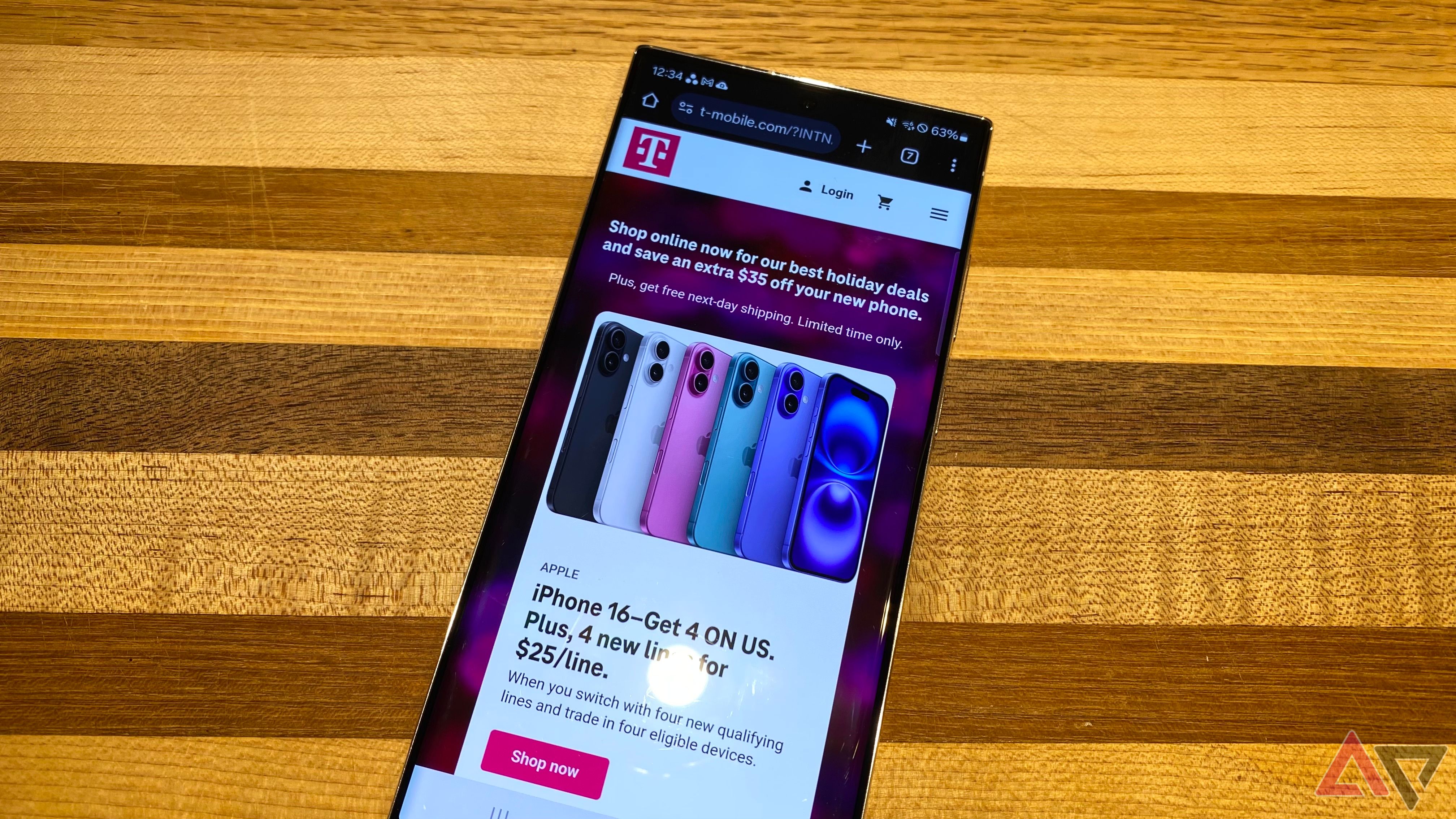 T-Mobile website shown on Galaxy phone