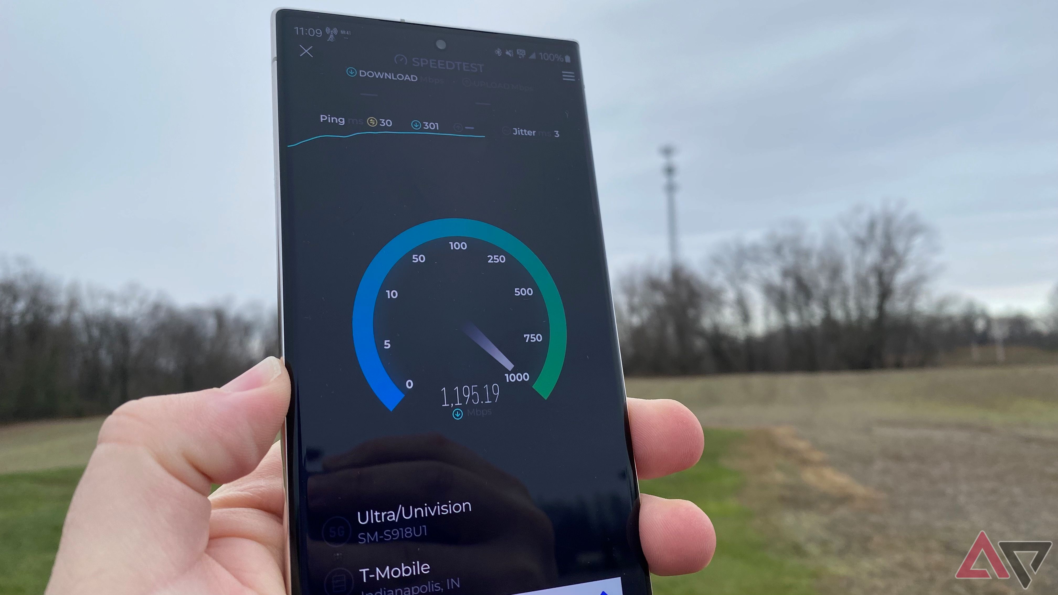 Ultra Mobile speed test with T-Mobile tower in background