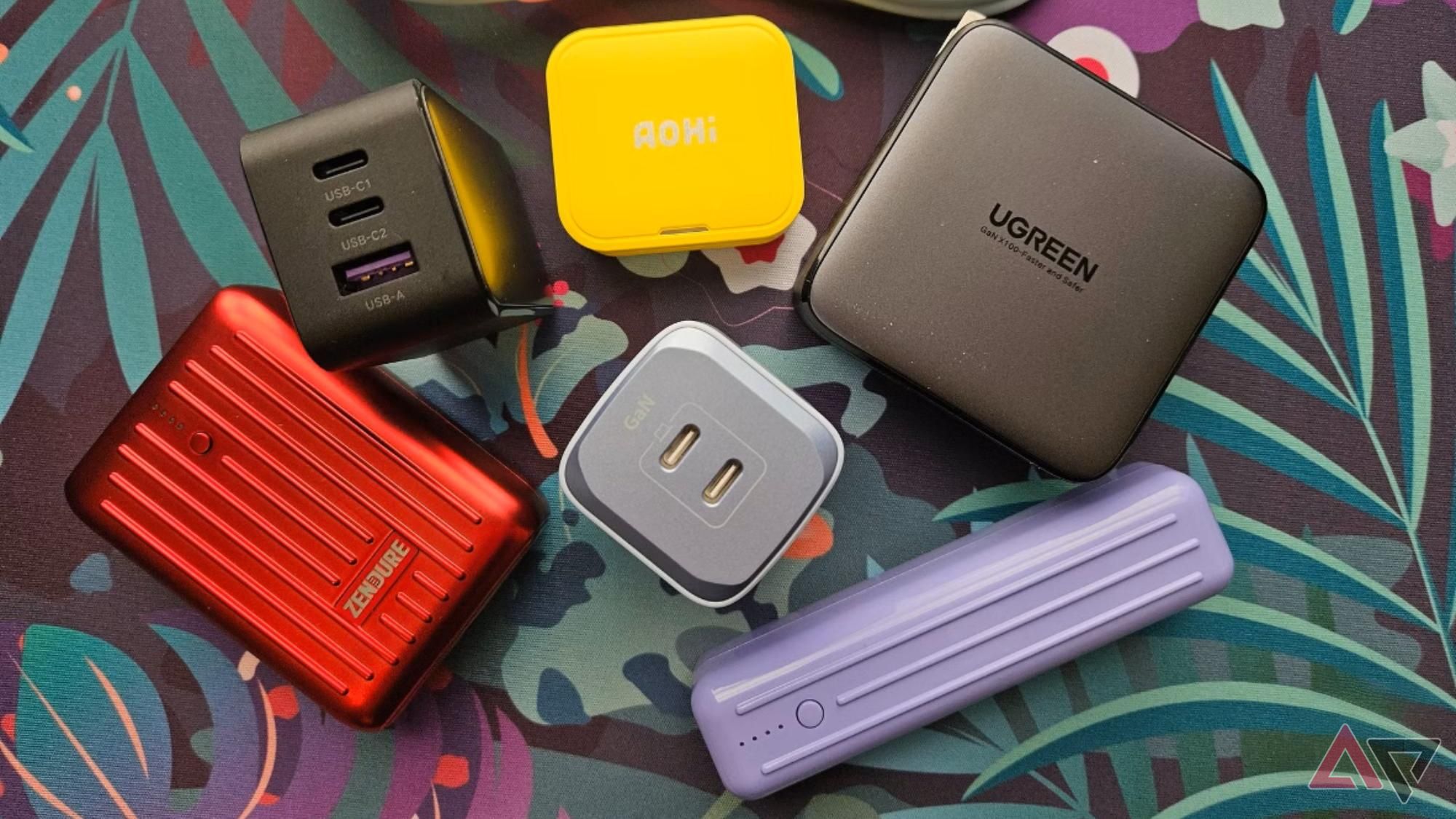 A collection of six power banks and chargers