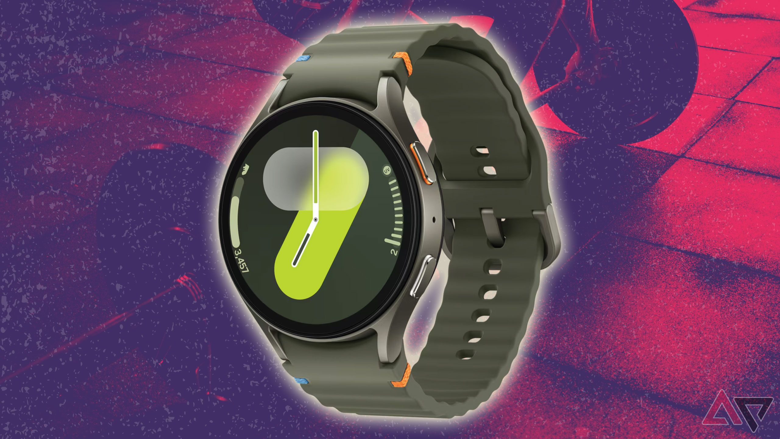 Samsung Galaxy Watch 7 over a multicolored background with a person working out